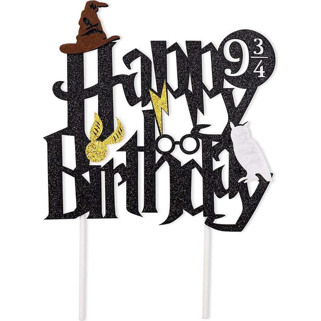 Happy Birthday Cake Topper, Glitter Cake Pick Glitter Black Wizard Themed Cake Decoration Wizard Party Supplies Potter Themed Party