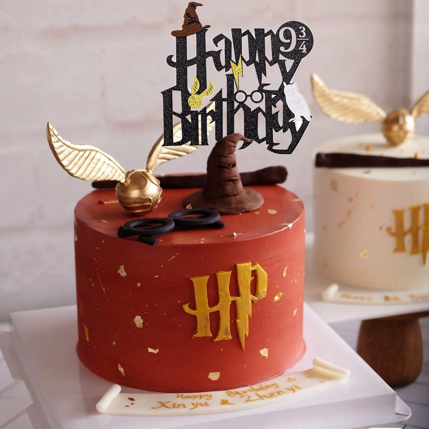 Happy Birthday Cake Topper, Glitter Cake Pick Glitter Black Wizard Themed Cake Decoration Wizard Party Supplies Potter Themed Party