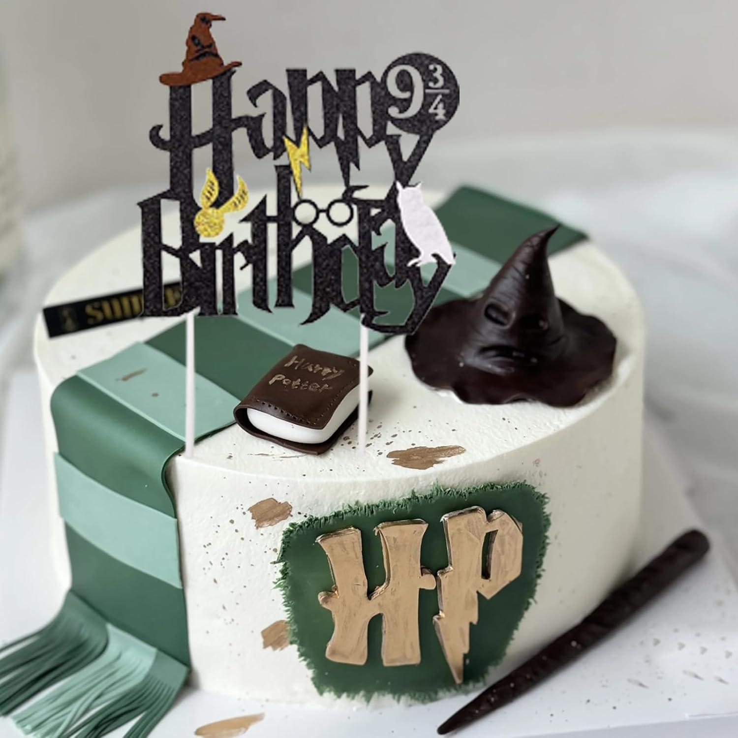 Happy Birthday Cake Topper, Glitter Cake Pick Glitter Black Wizard Themed Cake Decoration Wizard Party Supplies Potter Themed Party