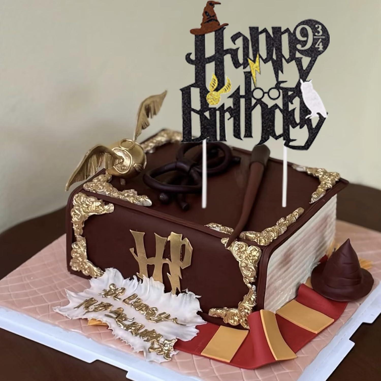 Happy Birthday Cake Topper, Glitter Cake Pick Glitter Black Wizard Themed Cake Decoration Wizard Party Supplies Potter Themed Party