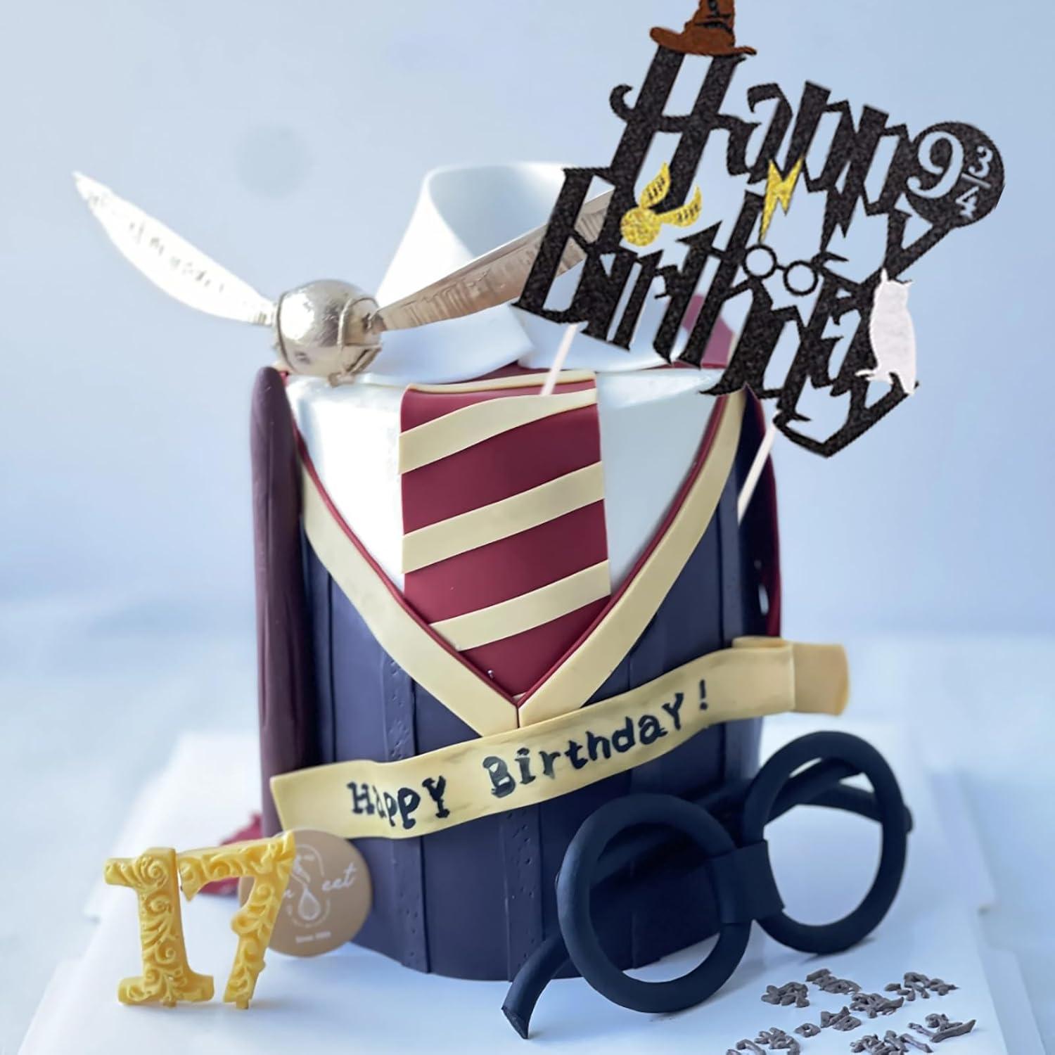 Happy Birthday Cake Topper, Glitter Cake Pick Glitter Black Wizard Themed Cake Decoration Wizard Party Supplies Potter Themed Party