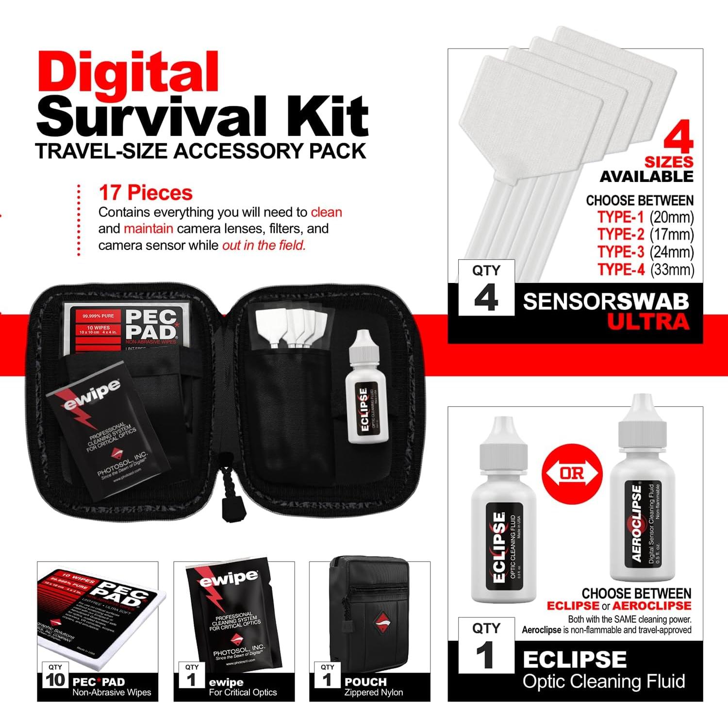 Photographic Solutions Digital Survival Kit - Type-1 (20mm) Sensor Swab, PEC-PAD Photo Wipes, E-Wipe Packet, Eclipse Optic Cleaning Fluid - Camera Cleaning Kit with Travel Bag