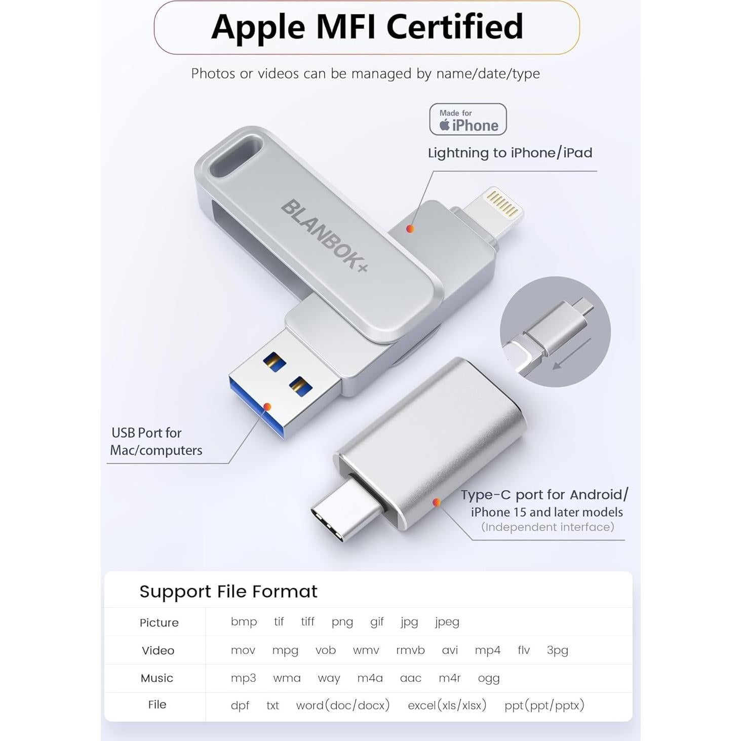 Unidad Flash MFi 256GB BLANBOK+ USB Lightning Type C