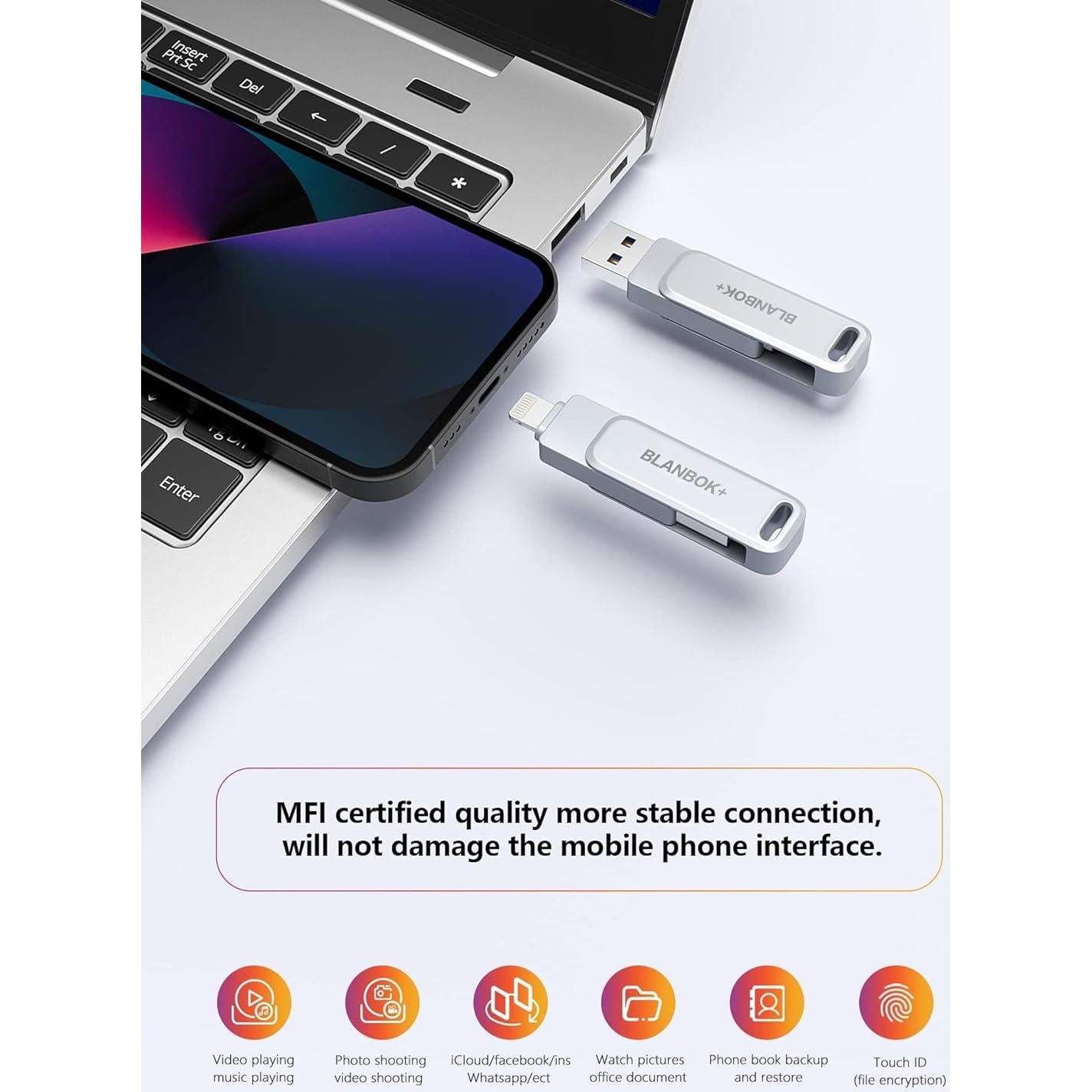 Unidad Flash MFi 256GB BLANBOK+ USB Lightning Type C