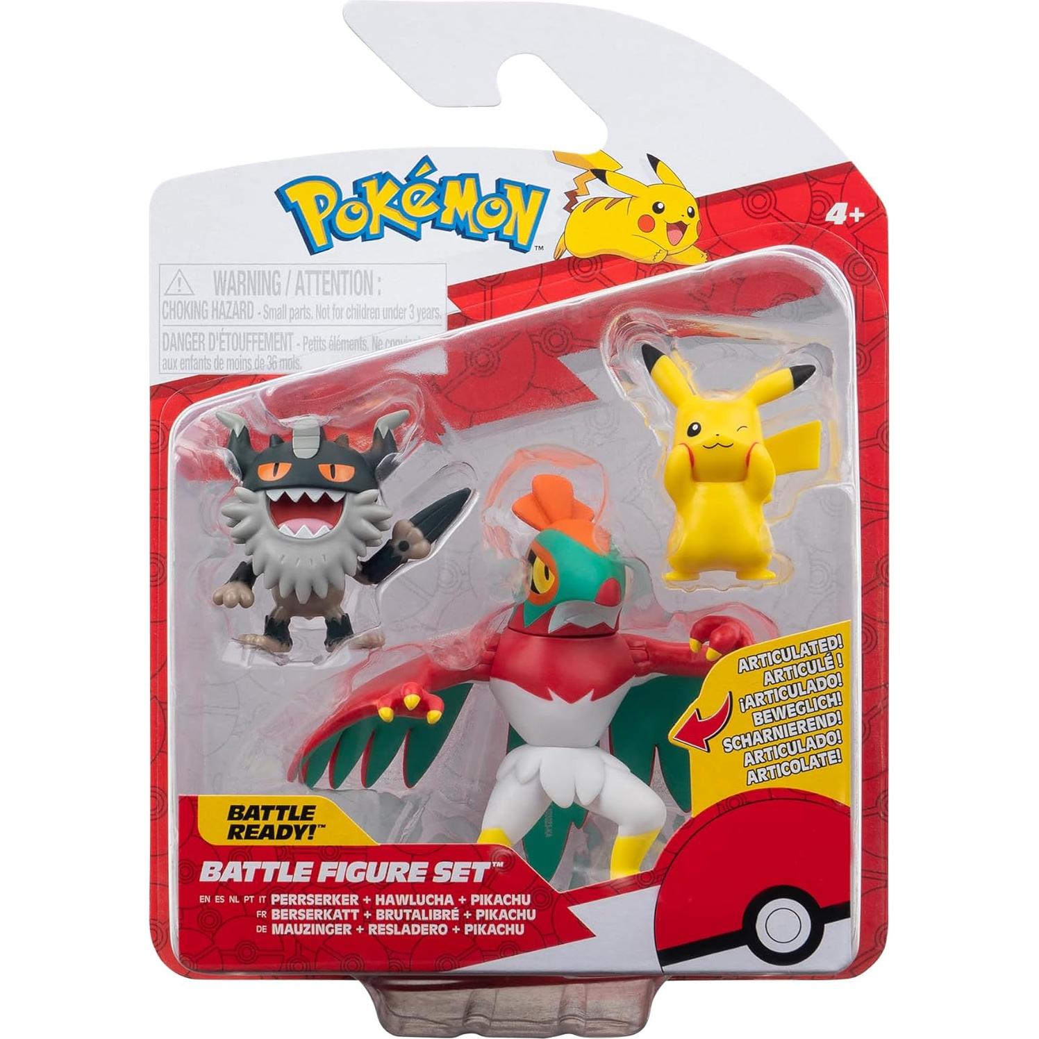 Paquete de 3 Figuras de Batalla Pokémon Jazwares - Pikachu 5 cm, Perrserker 7.6 cm, Hawlucha 7.6 cm