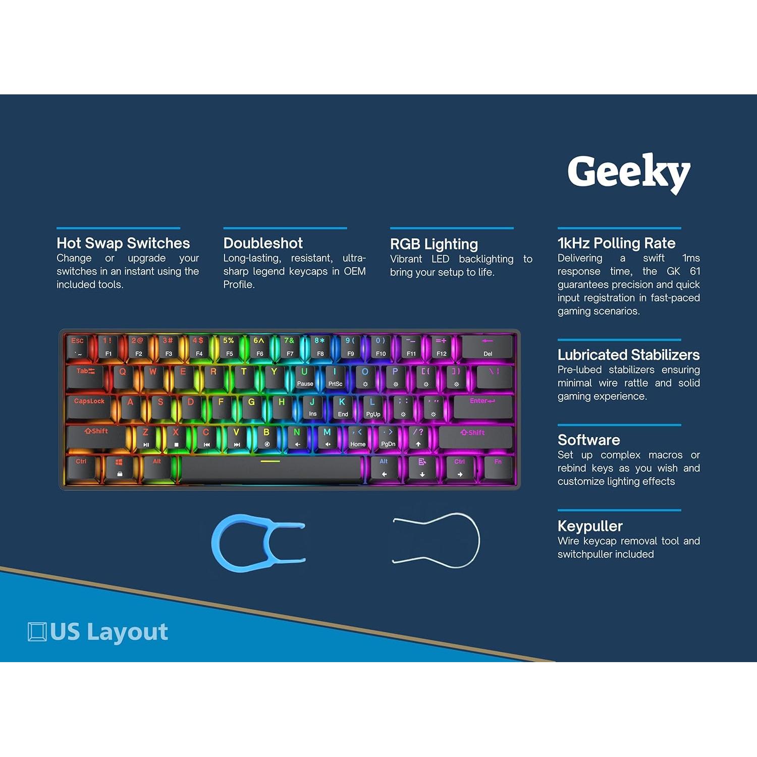 Teclado Mecánico Geeky GK61 60% RGB Intercambiable