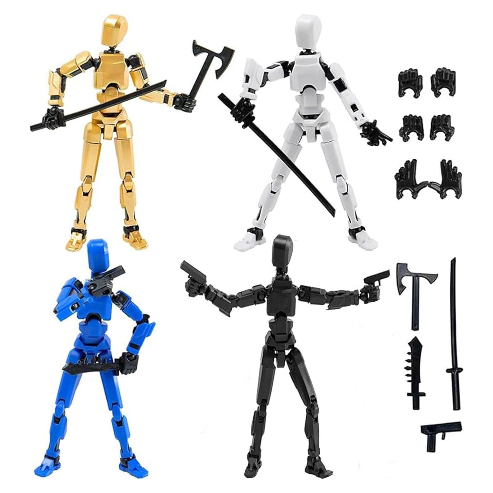 (Assembly Completed) T13 Action Figures Set Lucky Dummy Nova 13 Action Figure Robot Anime Stick Figures Fidget Toys for Boys Multi Movable Joints Gifts Toys for Kids (White+Black+Blue+Yellow)