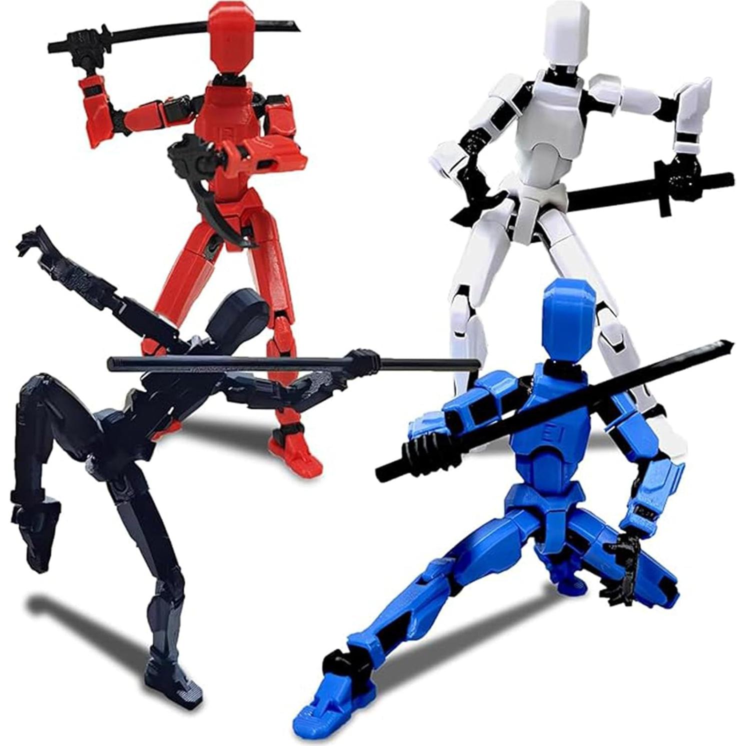 (Assembly Completed) T13 Action Figures Set Lucky Dummy Nova 13 Action Figure Robot Anime Stick Figures Fidget Toys for Boys Multi Movable Joints Gifts Toys for Kids (White+Black+Blue+Yellow)