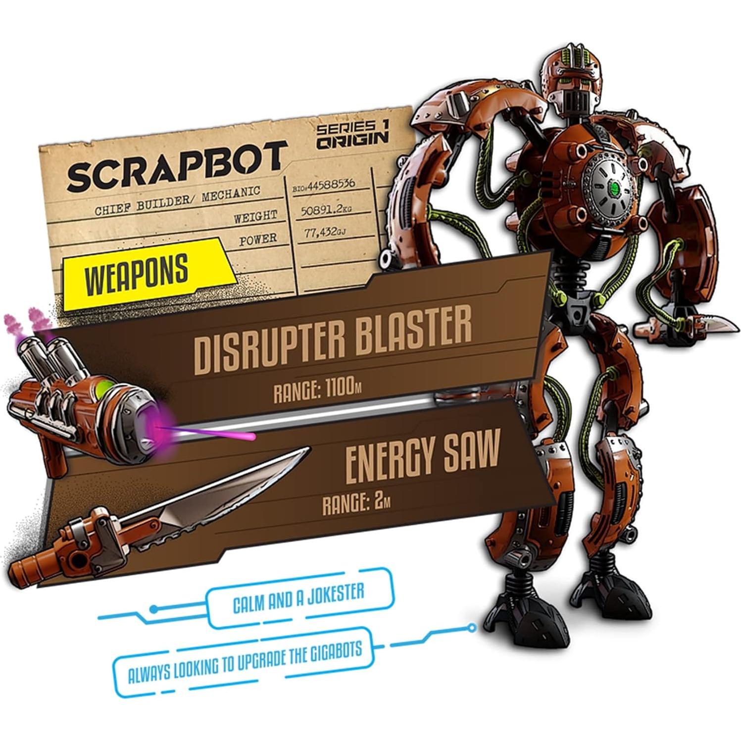 Giga Bots - SCRAPBOT | Energy Core Transforms Into 13 Inch Action Figure | Chief Builder & Mechanic | Unique Toy Combat Attachments and Skills | Includes 33 Buildable Pieces