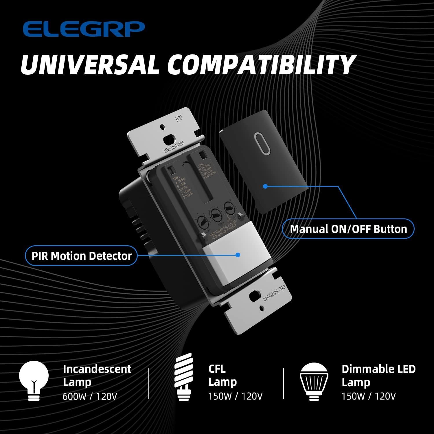 Interruptor de Luz con Sensor de Movimiento ELEGRP, Negro