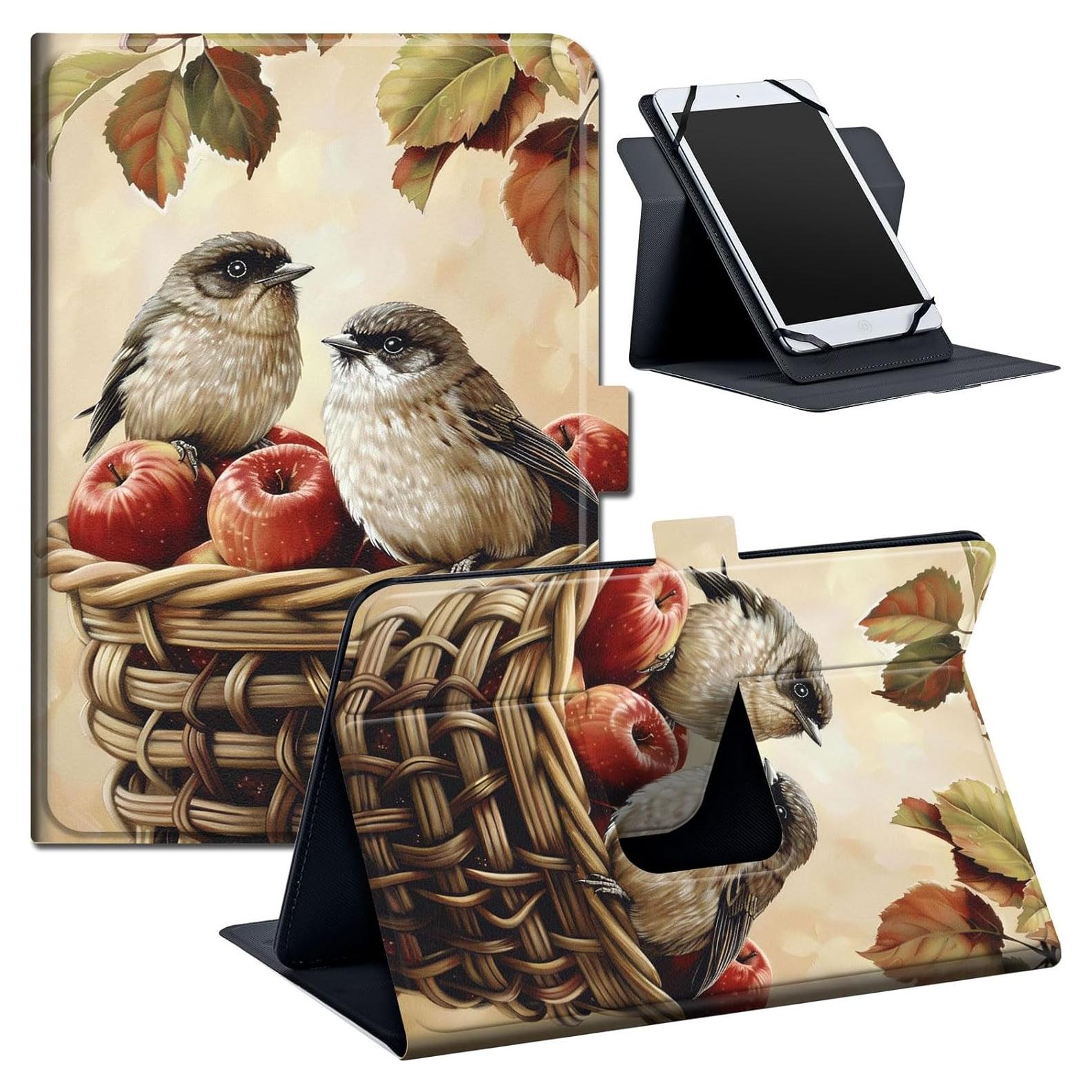 Universal 7 8 Inch Tablet Case, Tablet Case for TCL Tab 8 LE/TCL TAB 8 Plus/TCL Tab 8 WiFi/Fire HD 8 2024, Multi-Angle Viewing PU Leather Stand Case for All 7.0-8.5 Inch Tablet, Birds in Basket