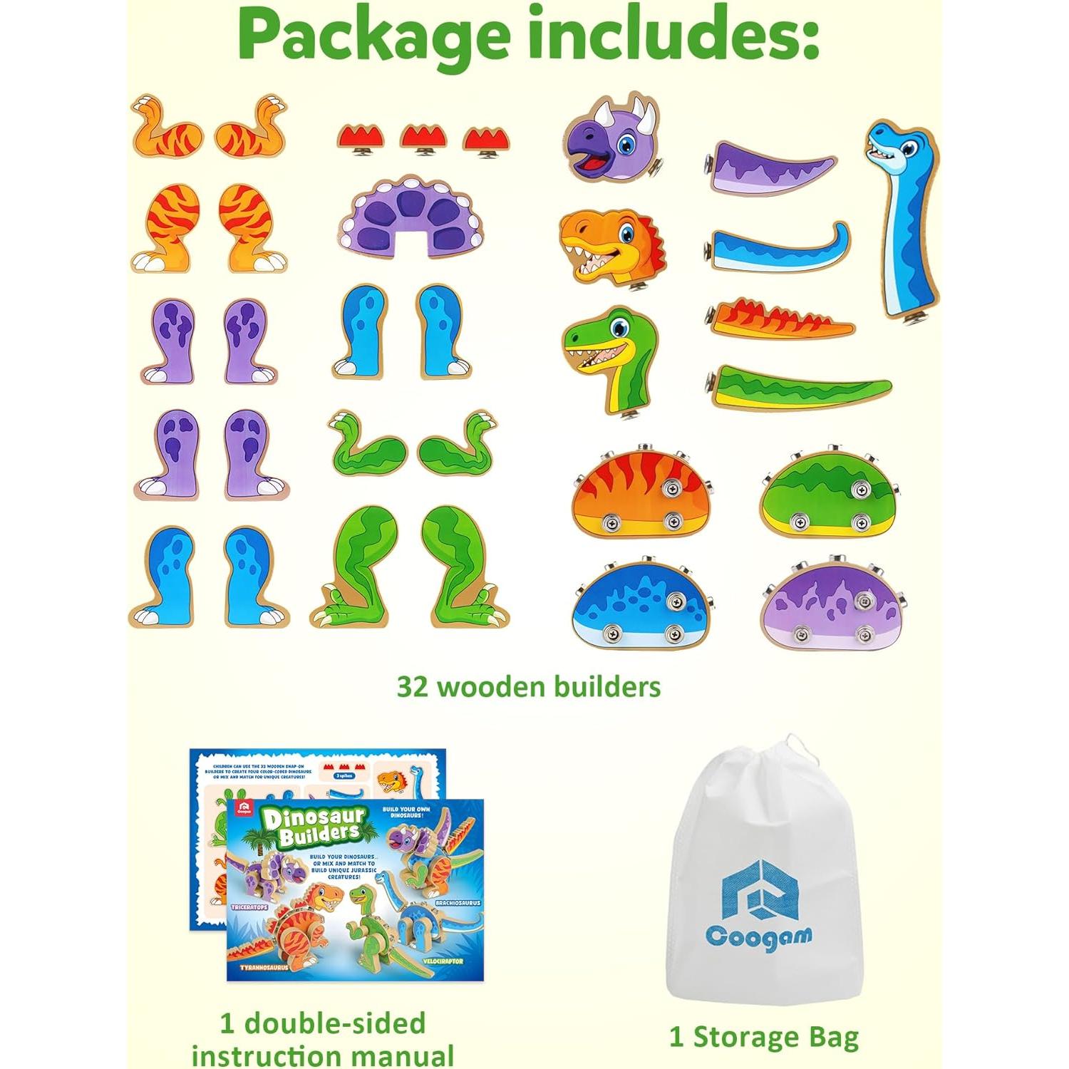 Juego de Construcción de Dinosaurios Coogam - 32 Bloques de Madera