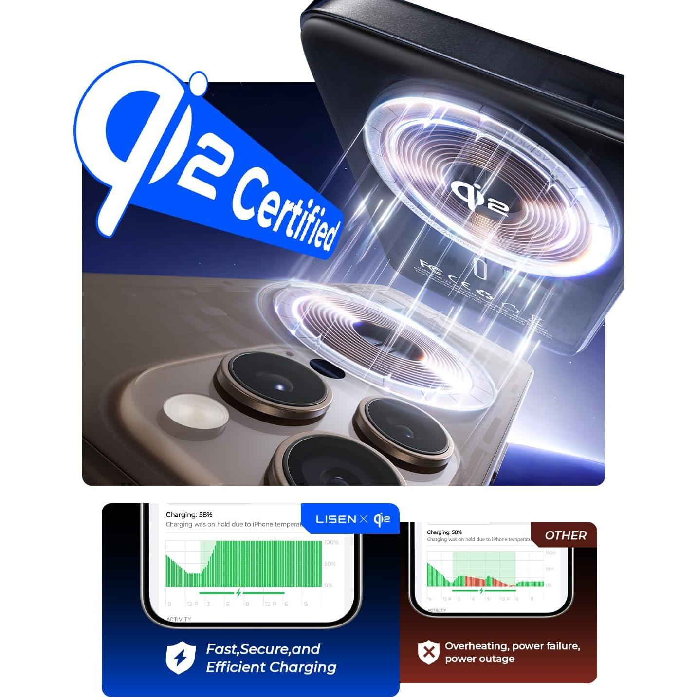 Banco de Poder Inalámbrico LISEN Qi2 10,000mAh 15W Negro