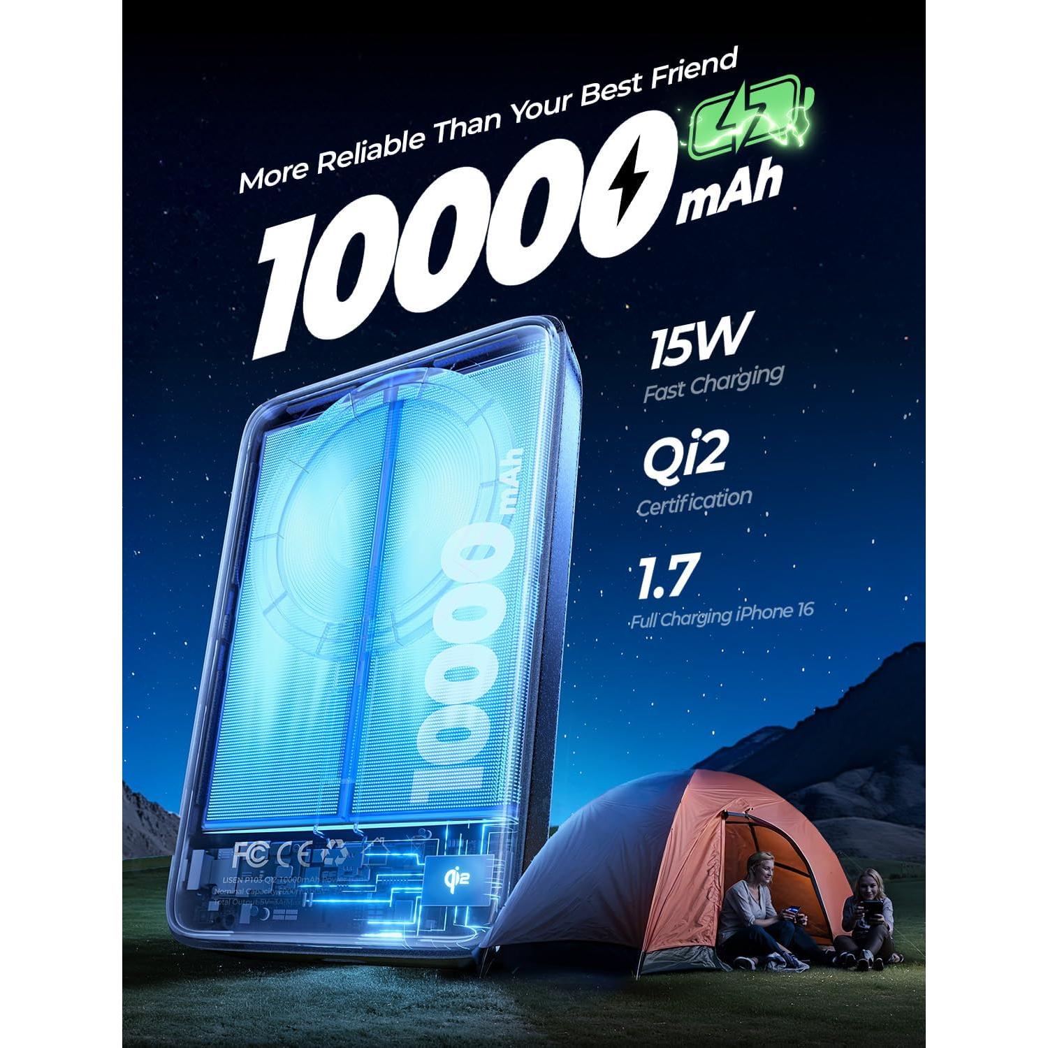 Banco de Poder Inalámbrico LISEN Qi2 10,000mAh 15W Negro