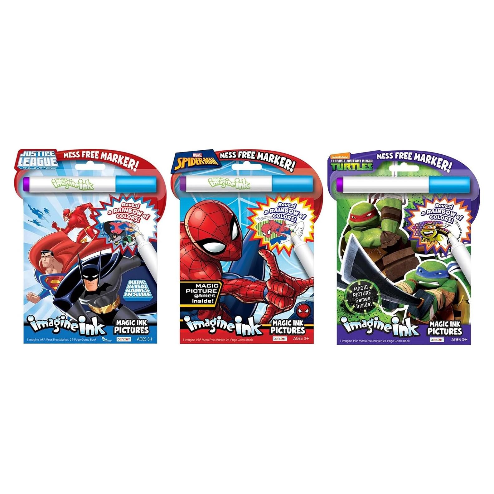 Paquete de 3 Libros de Actividades Imagine Ink - Liga de la Justicia, Spider-Man, Tortugas Ninja