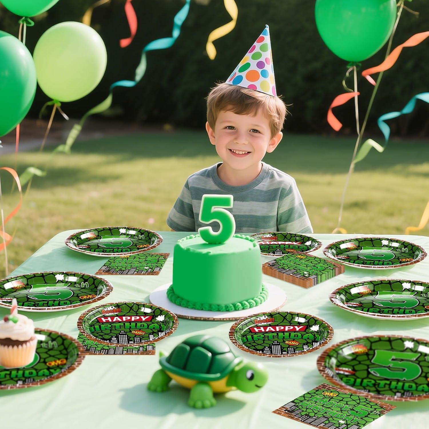 Kit de Cumpleaños Tortuga Verde Grencian 96 Piezas 5to Cumpleaños