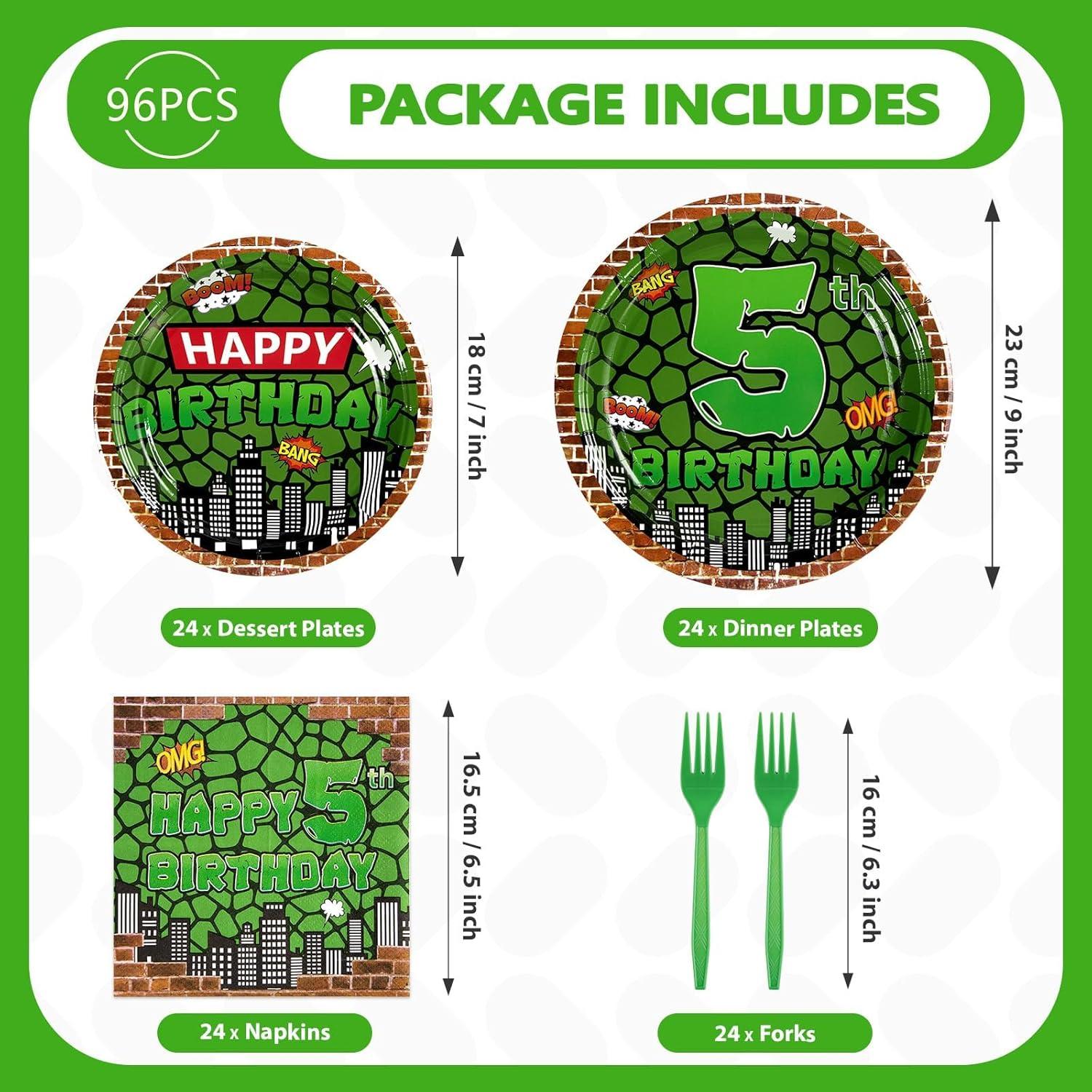 Kit de Cumpleaños Tortuga Verde Grencian 96 Piezas 5to Cumpleaños