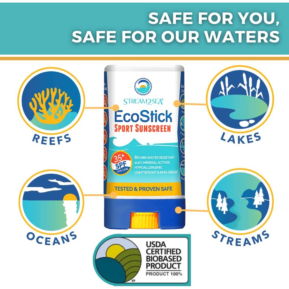 STREAM2SEA EcoStick SPF 35 Mineral Sunscreen Stick, Sweat Water Resistant Sunblock, USDA Approved Biodegradable Paraben Free Reef Safe Sunscreen Protection Against UVA UVB (EcoStick Sport) - 0.5 oz