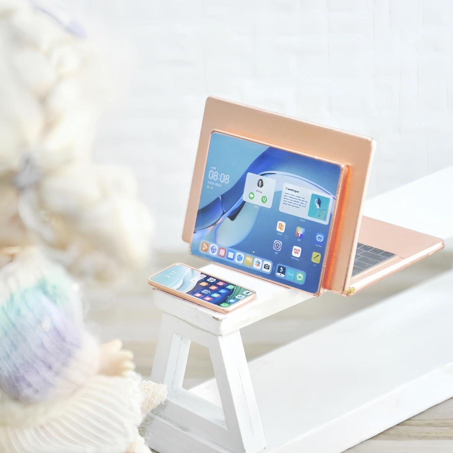 Juego de Electrónica Miniatura 1:6 Dorado Rosa - Accesorios Casa de Muñecas