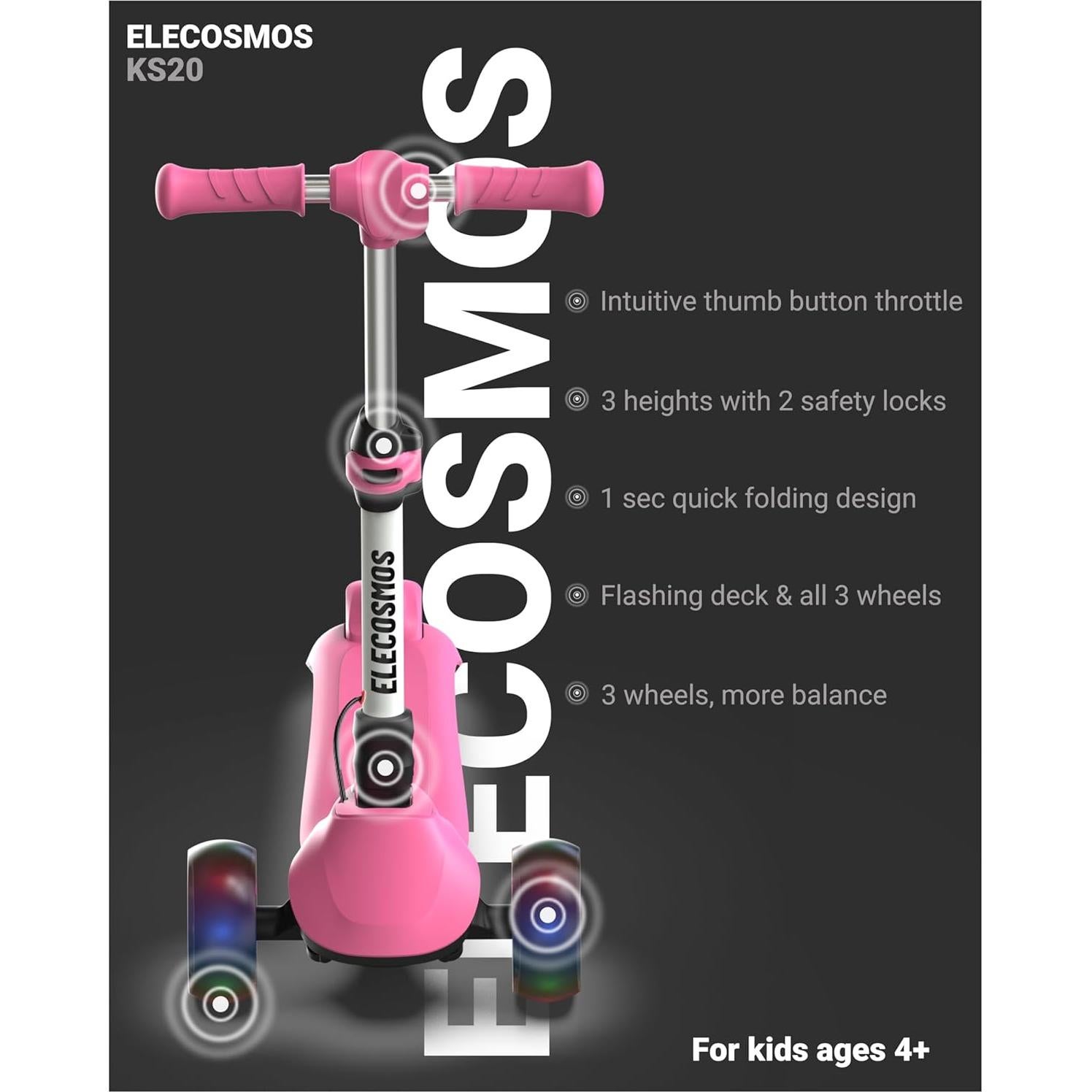 Scooter Eléctrico Plegable ELECOSMOS KS20 Rosa 3 Ruedas 8 km/h