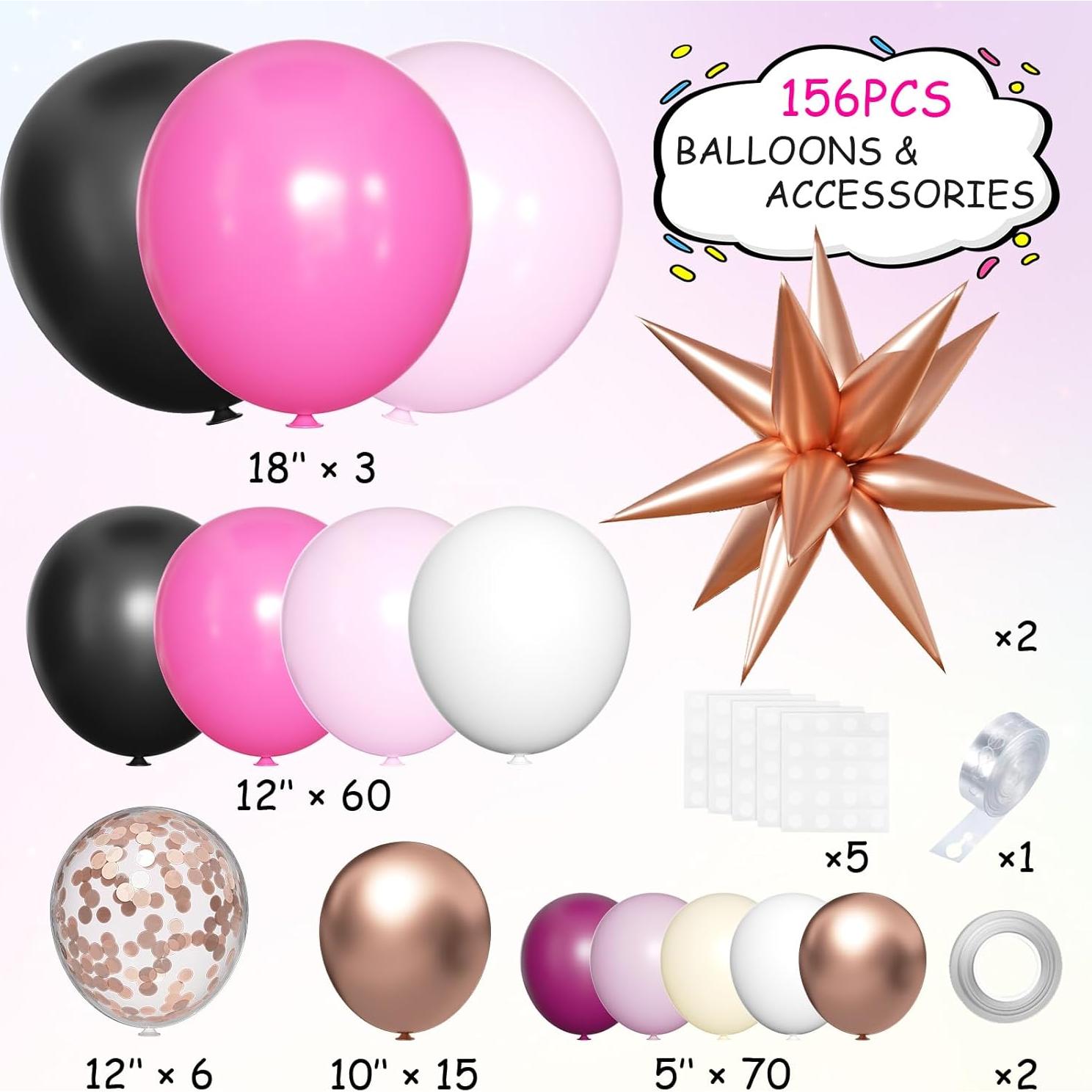 Kit de Arco de Globos Mebay 156 Pcs Rosa Fucsia Negro Blanco