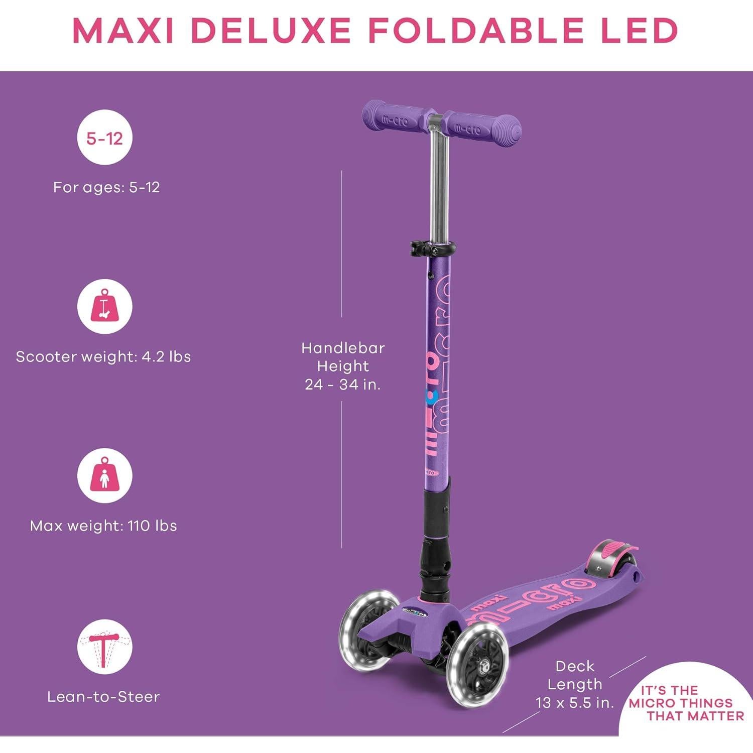 Scooter Micro Maxi Deluxe Plegable LED para Niños 5-12 Años