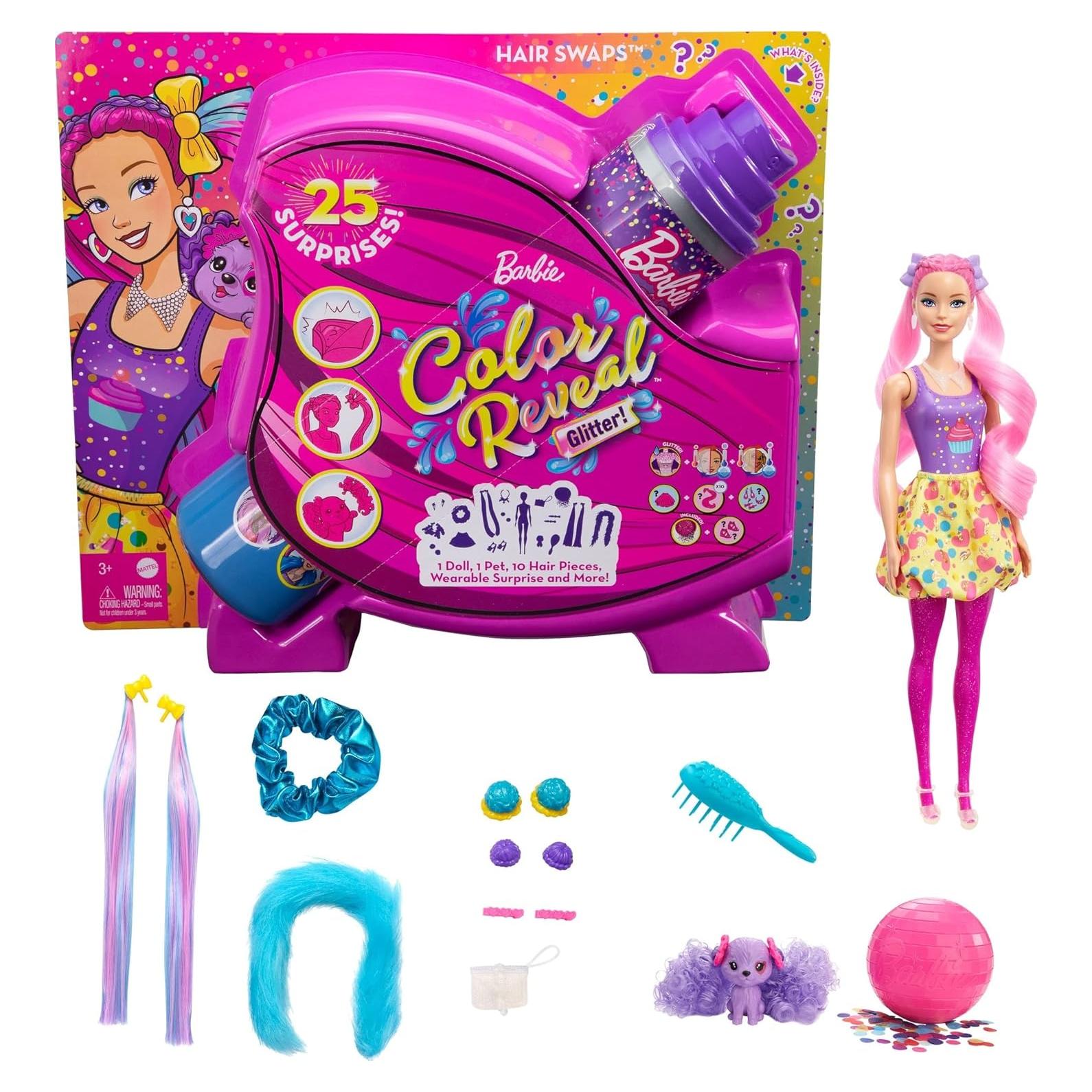 Barbie Color Reveal Glitter! Muñeca Intercambio de Cabello 25 Sorpresas