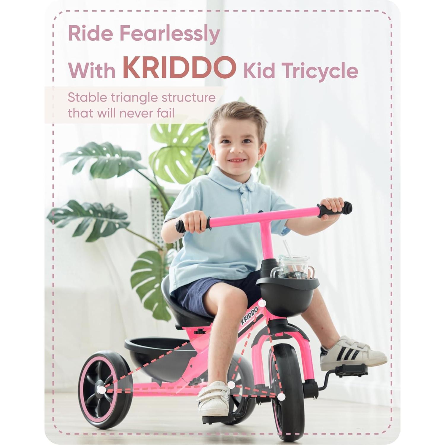 Triciclo KRIDDO Rosa para Niños 2 a 5 Años - Seguro y Ergonómico