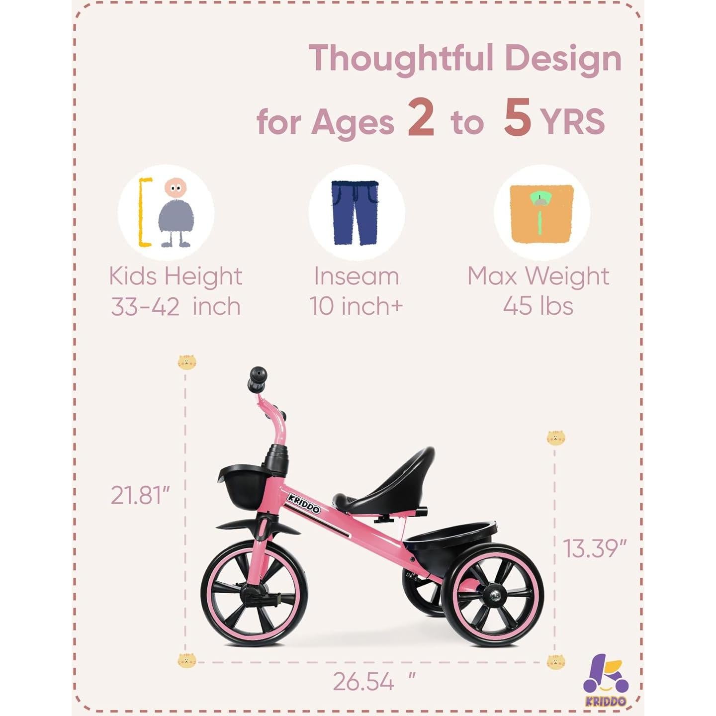 Triciclo KRIDDO Rosa para Niños 2 a 5 Años - Seguro y Ergonómico