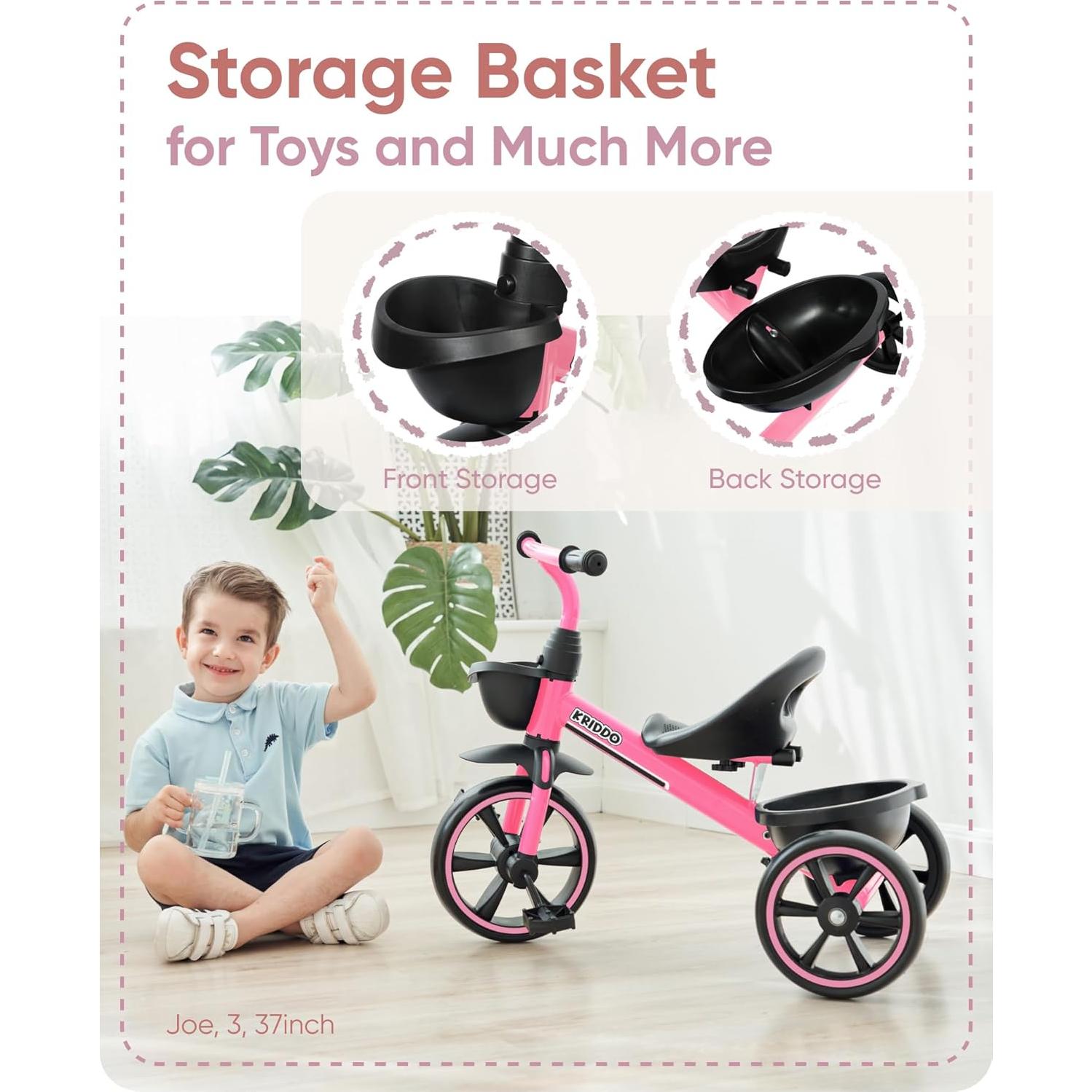 Triciclo KRIDDO Rosa para Niños 2 a 5 Años - Seguro y Ergonómico