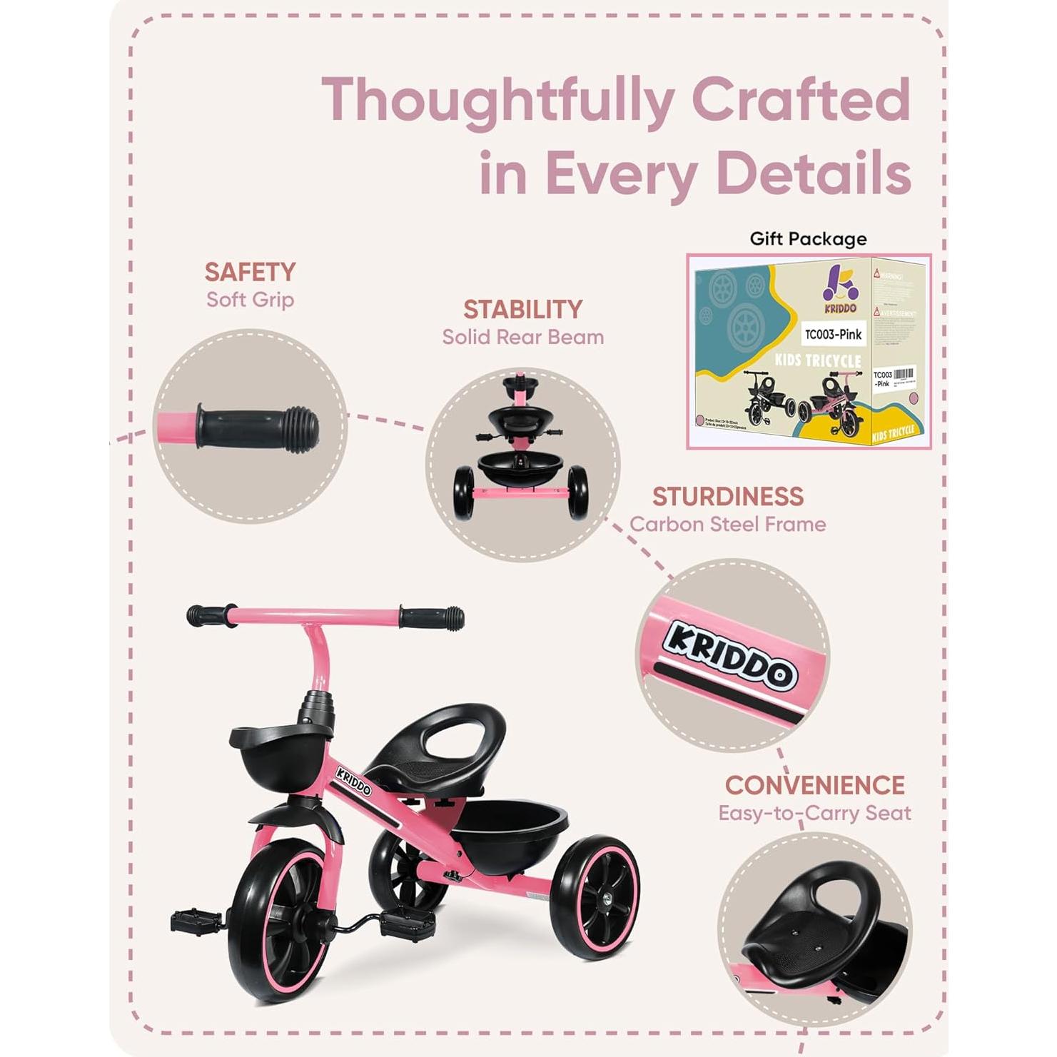 Triciclo KRIDDO Rosa para Niños 2 a 5 Años - Seguro y Ergonómico