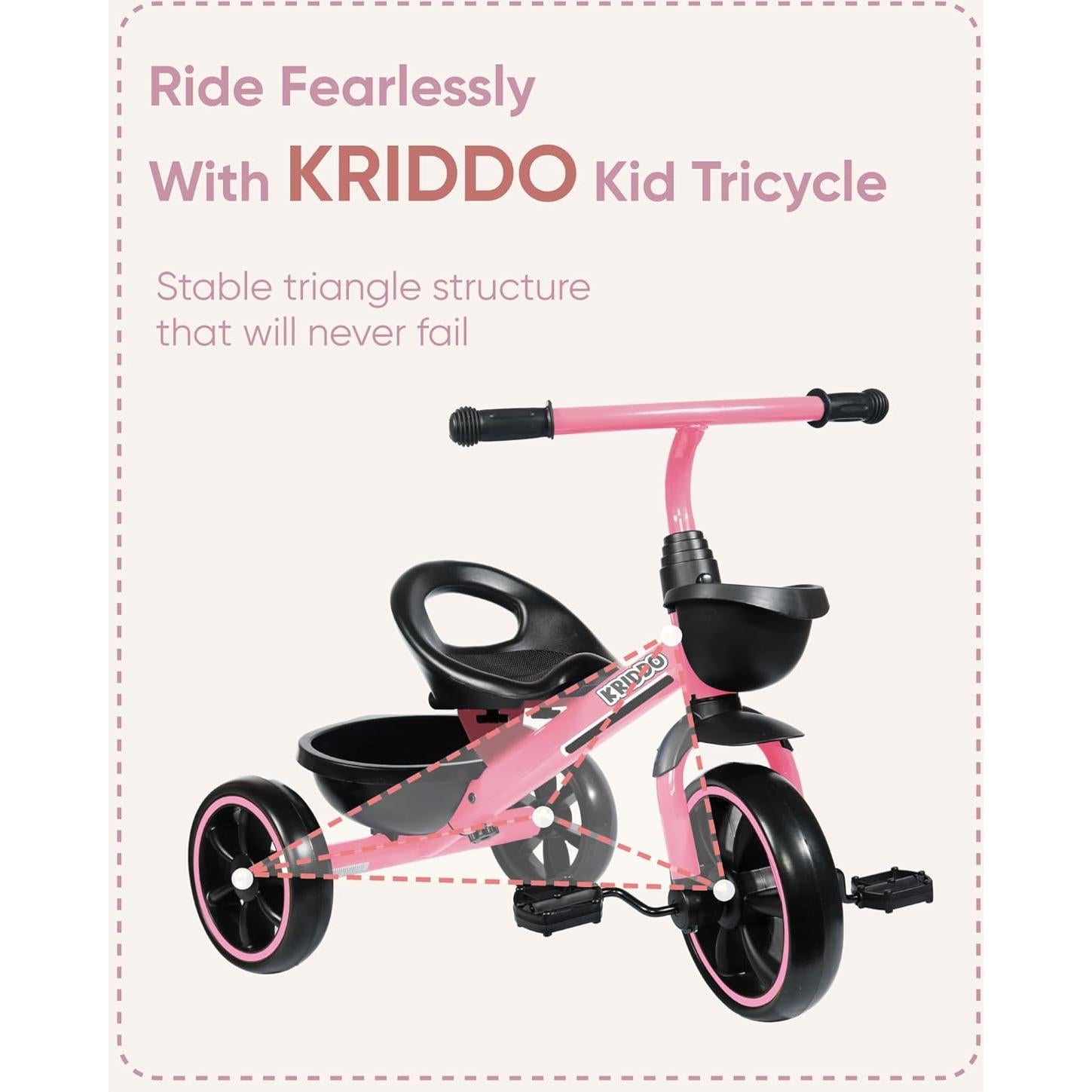 Triciclo KRIDDO Rosa para Niños 2 a 5 Años - Seguro y Ergonómico