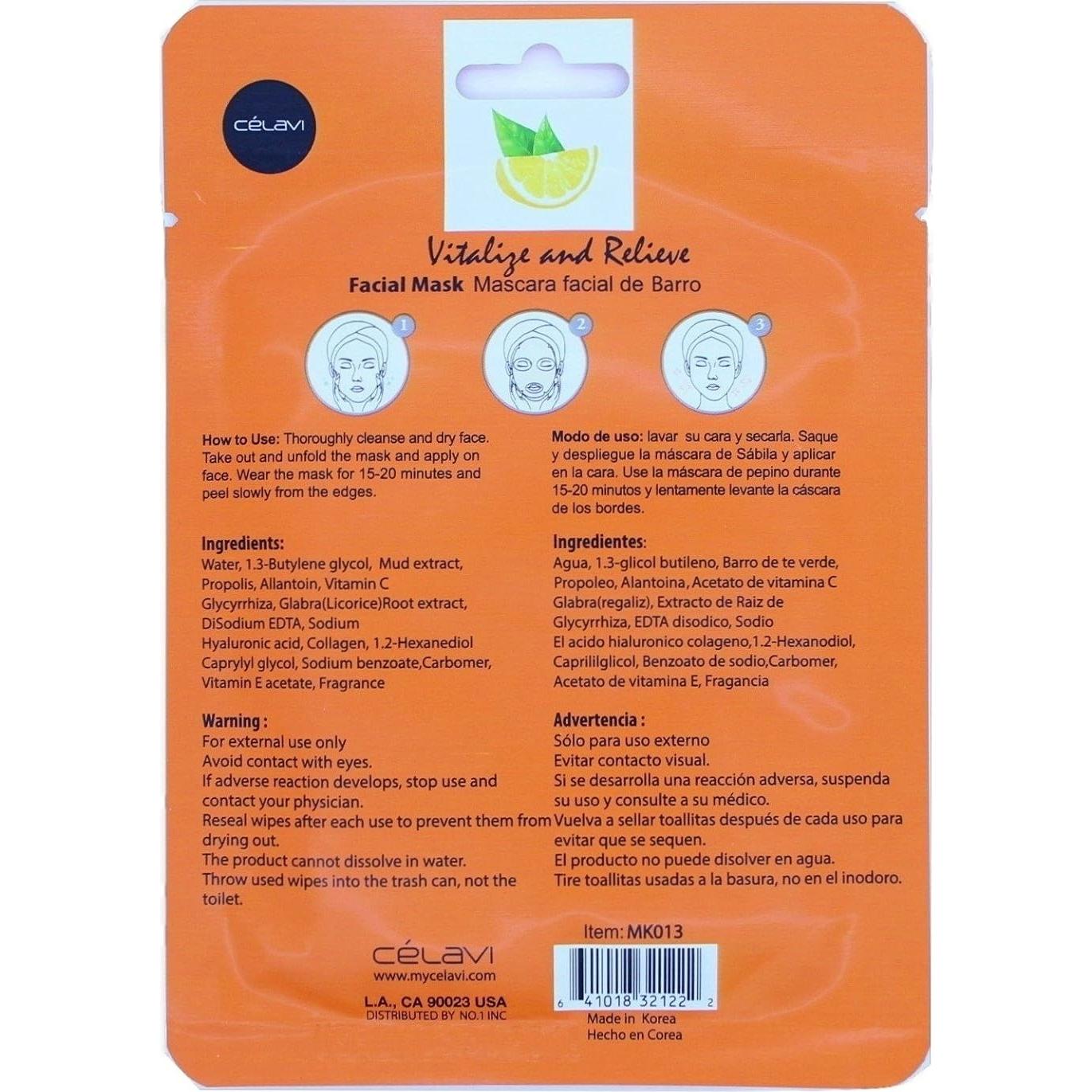 Máscara Facial de Papel Celavi Vitamina C Hidratante 12 Pzas