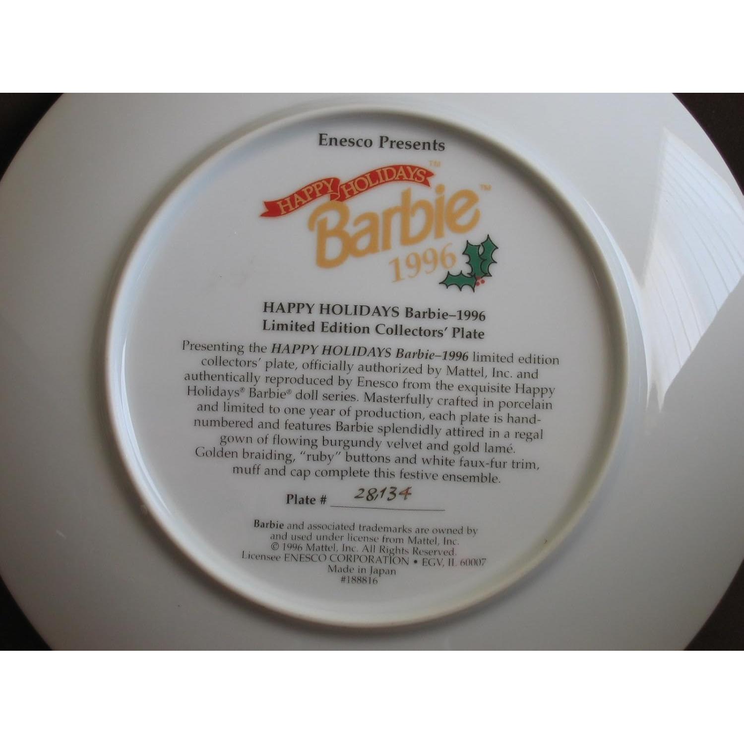 Plato Coleccionista Barbie Felices Fiestas 1996 Edición Limitada 21 cm