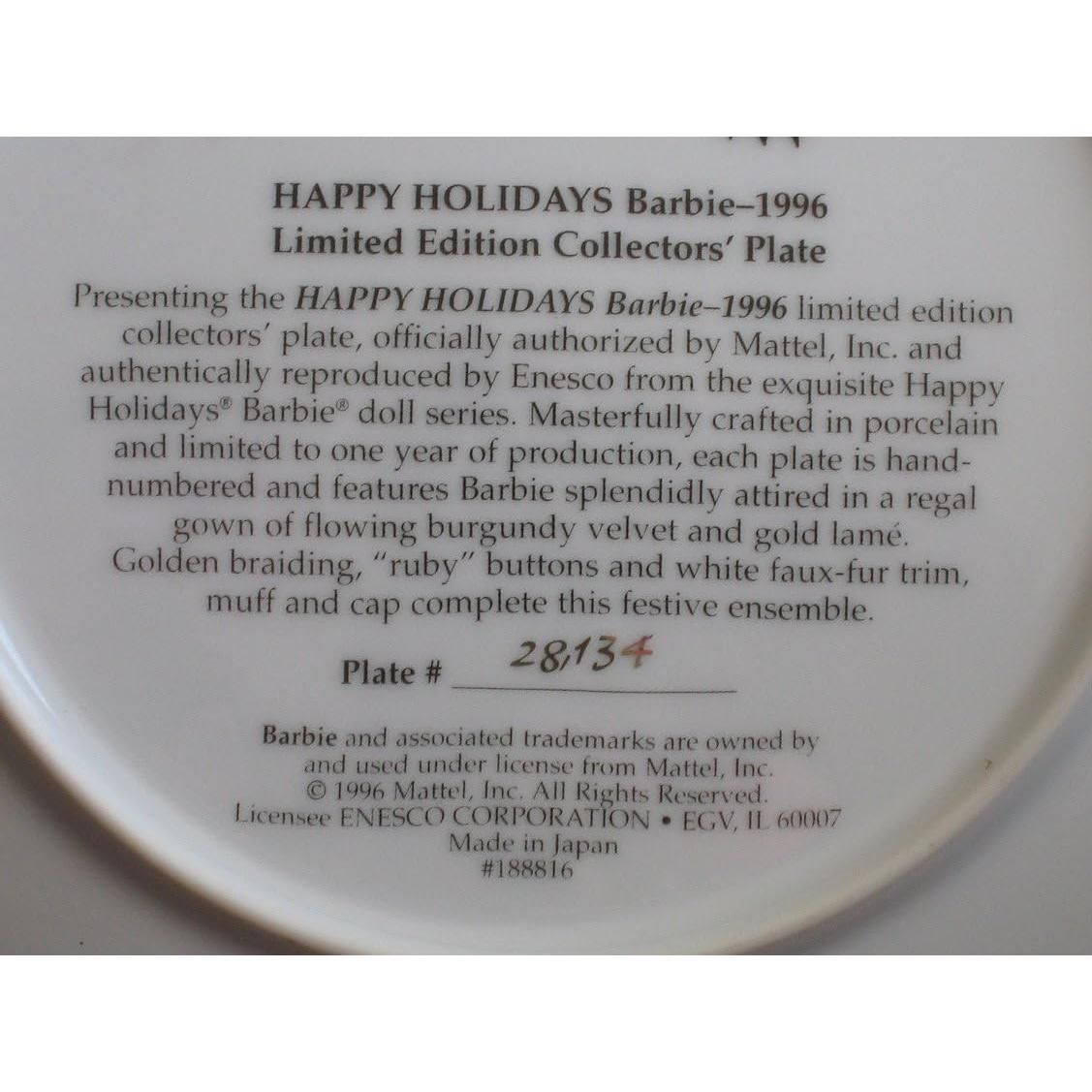 Plato Coleccionista Barbie Felices Fiestas 1996 Edición Limitada 21 cm