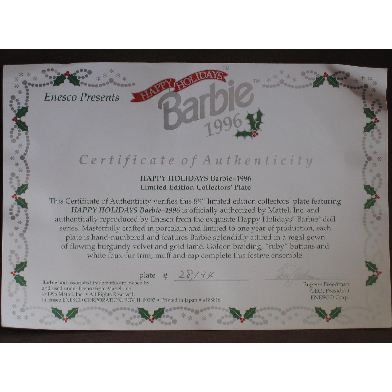 Plato Coleccionista Barbie Felices Fiestas 1996 Edición Limitada 21 cm