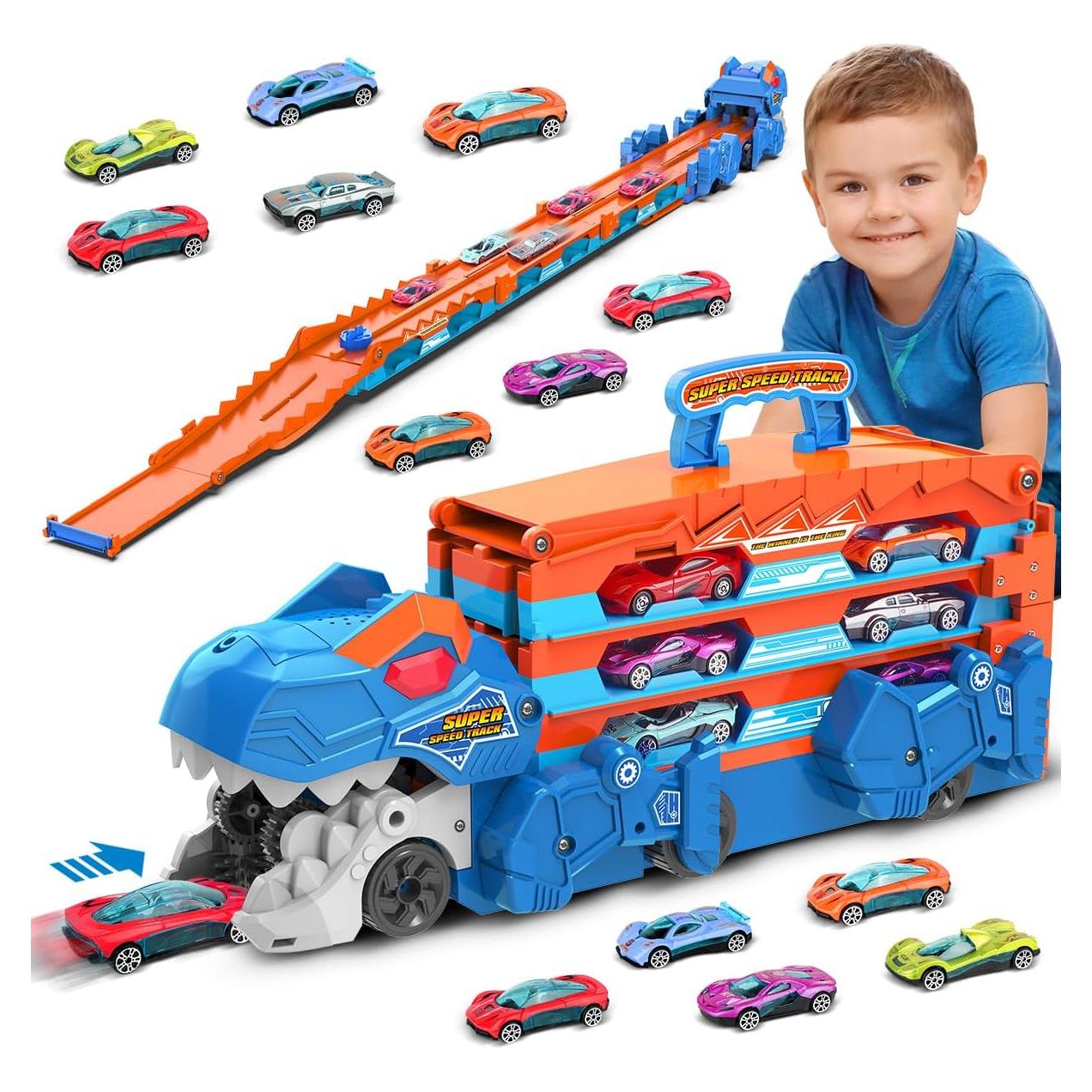 Juguete de Camión de Dinosaurio VATOS con 8 Coches - Pista Plegable