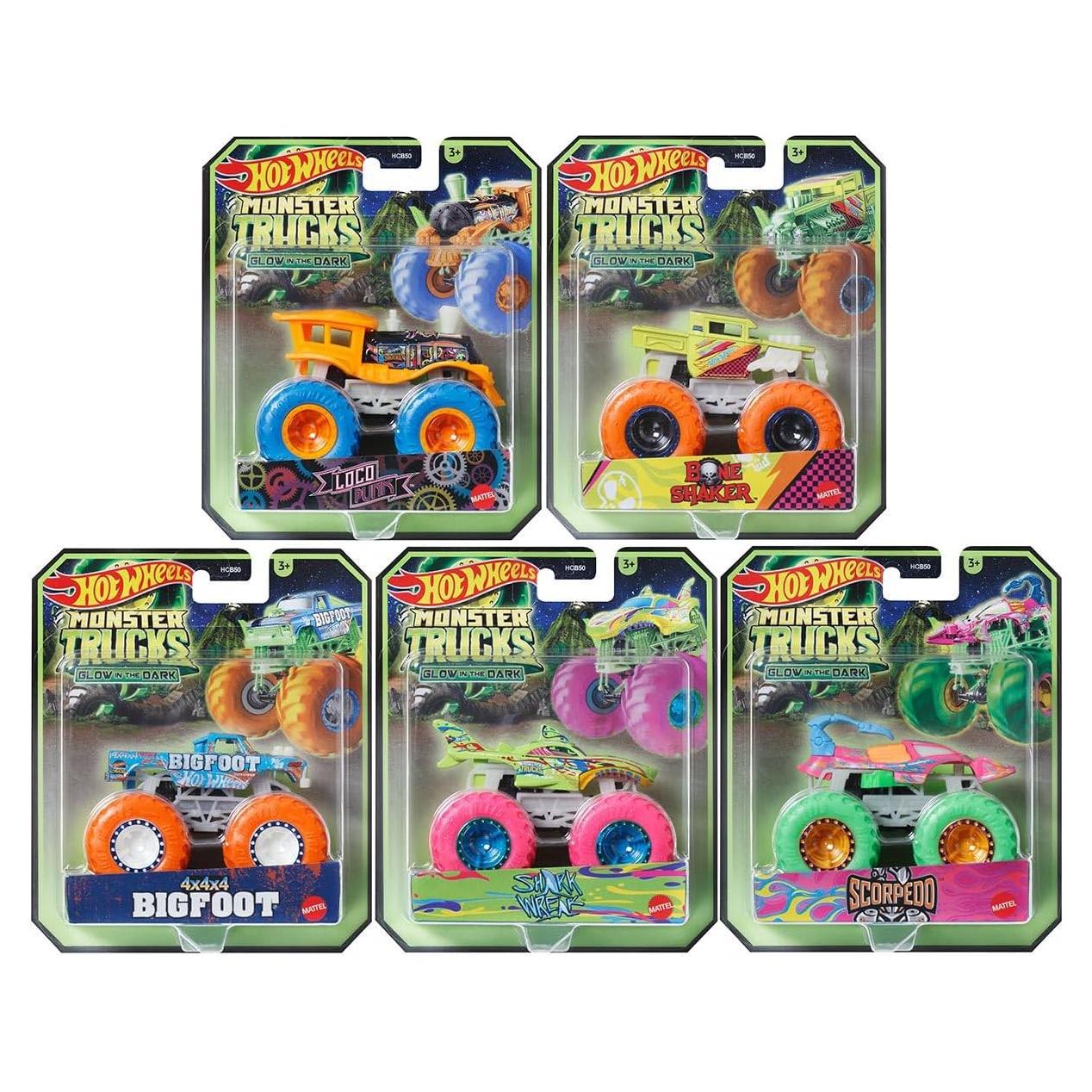 Paquete de 5 Camiones Monstruo Hot Wheels Brillan en la Oscuridad