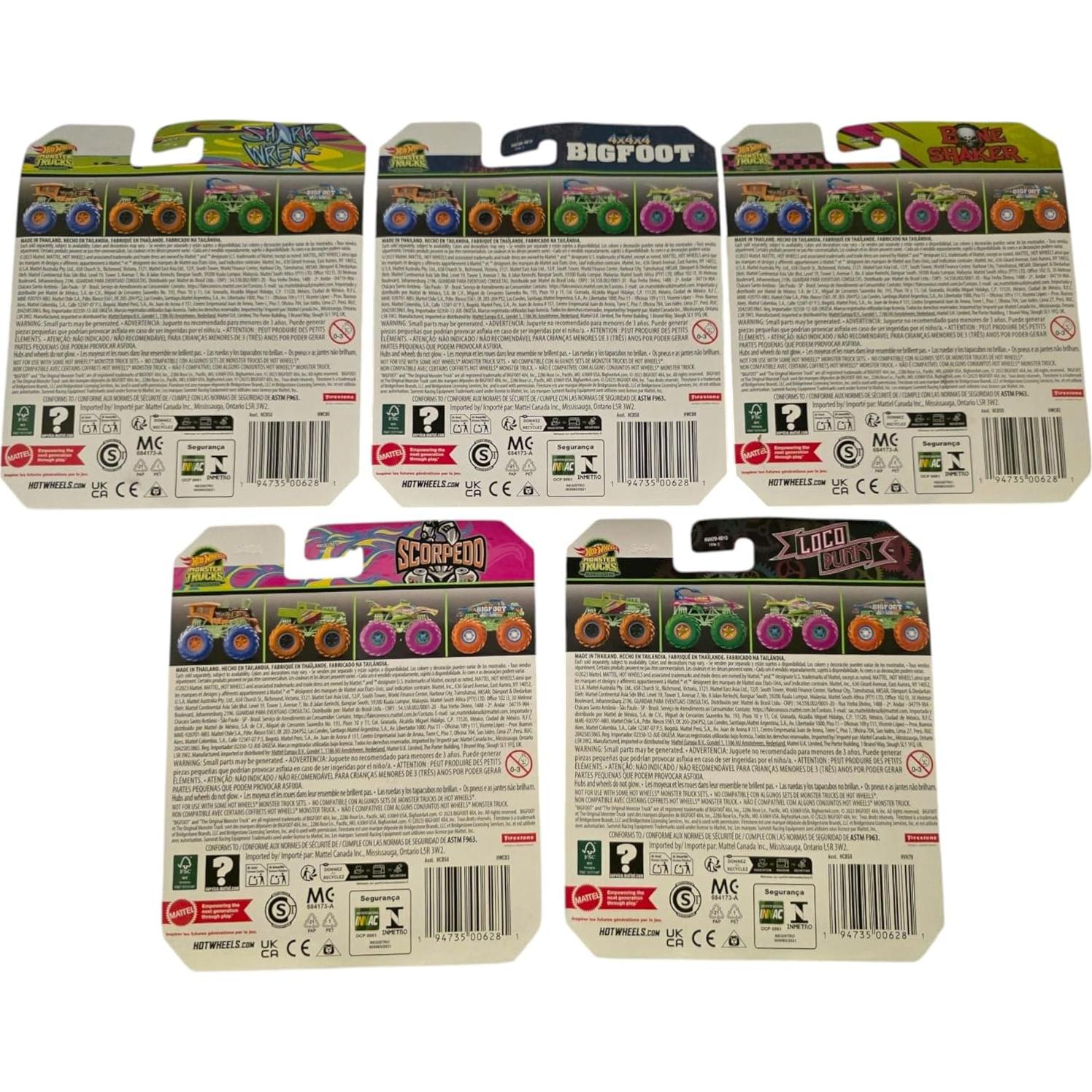 Paquete de 5 Camiones Monstruo Hot Wheels Brillan en la Oscuridad