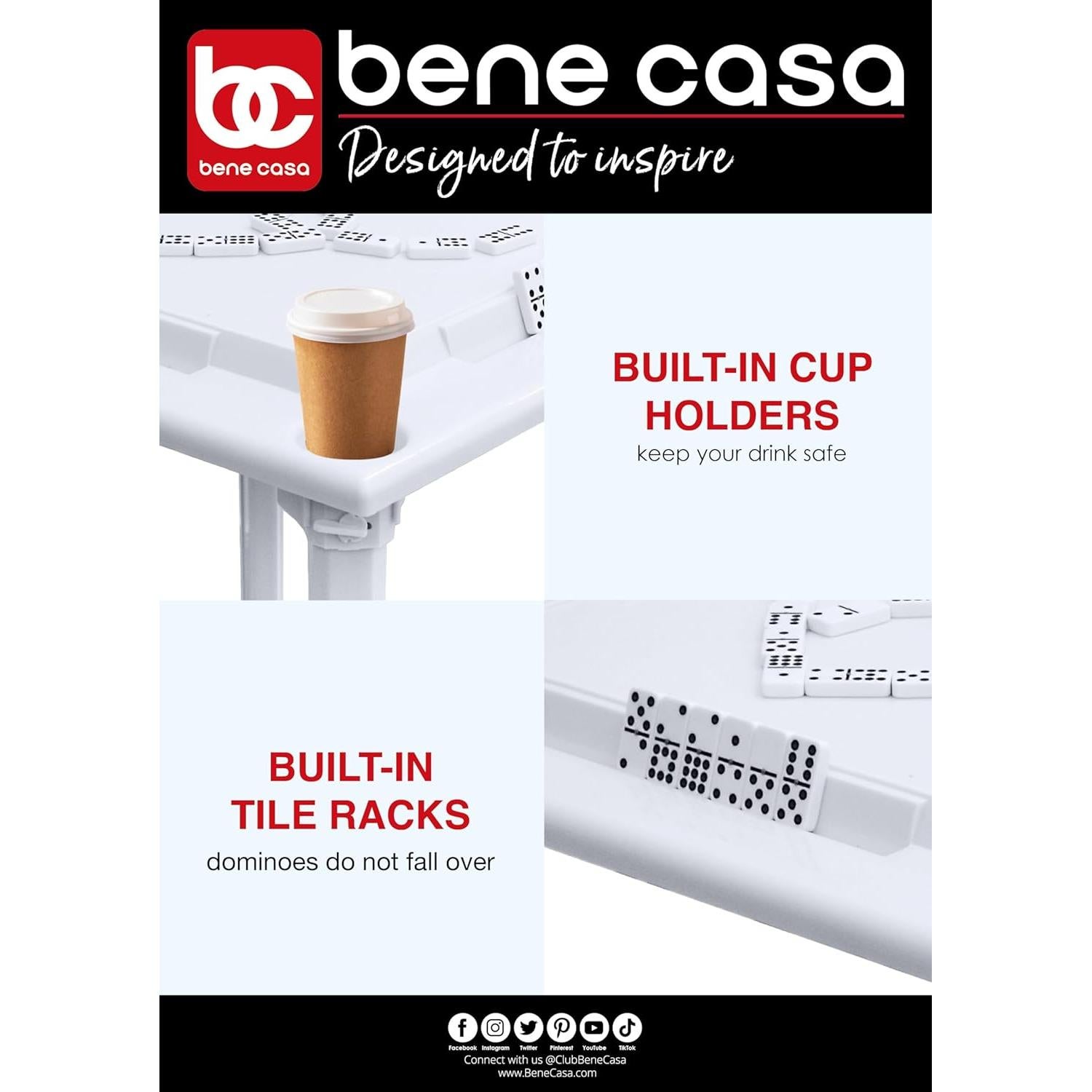 Bene Casa - White Indoor & Outdoor Domino and Game Table Includes Domino and Scrabble Tile Racks and Cup Holders - Table Legs are Removable for Easy Storage