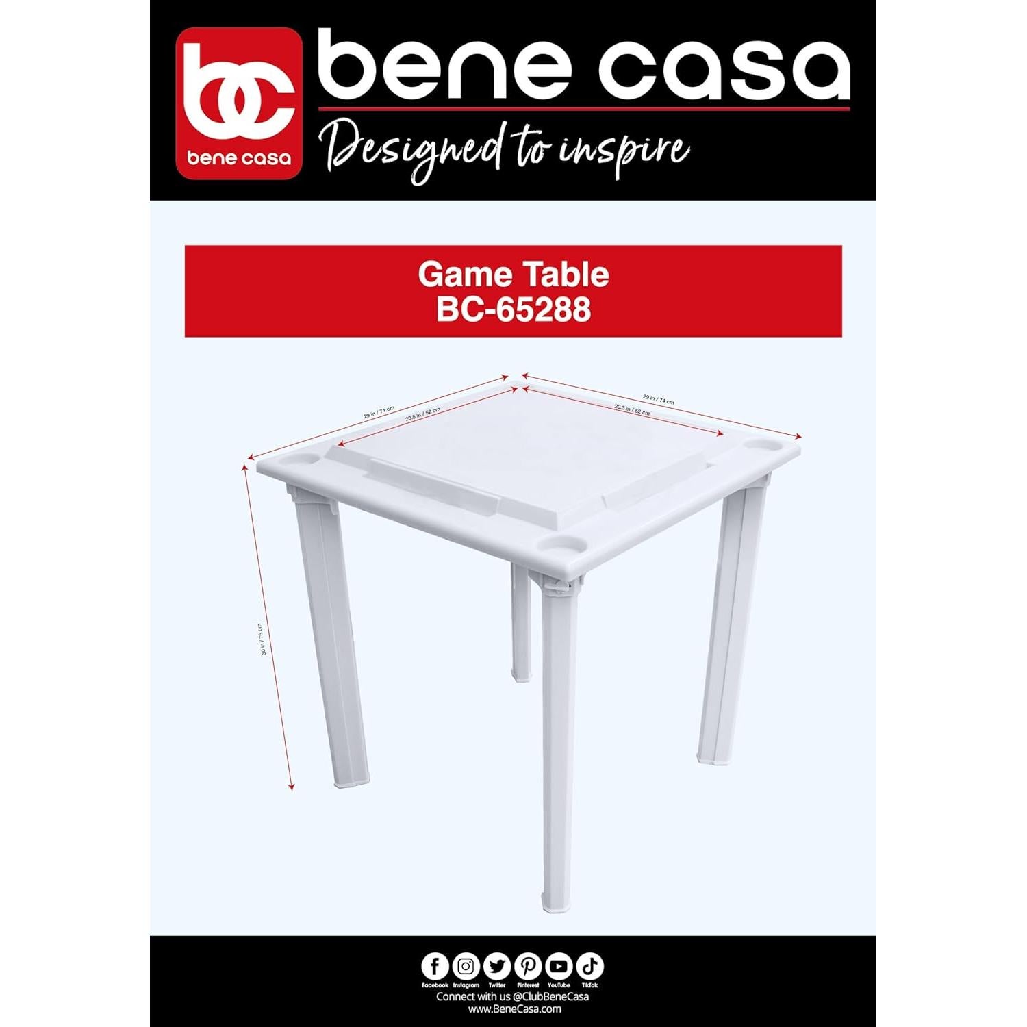 Bene Casa - White Indoor & Outdoor Domino and Game Table Includes Domino and Scrabble Tile Racks and Cup Holders - Table Legs are Removable for Easy Storage