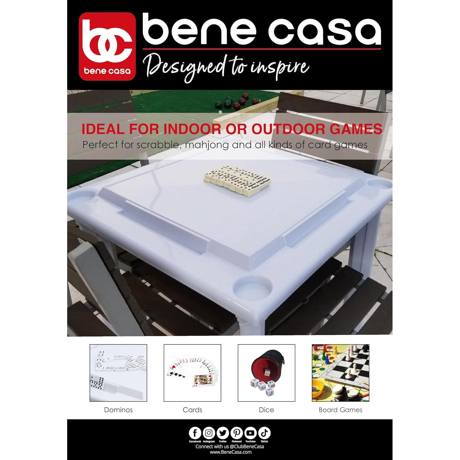 Bene Casa - White Indoor & Outdoor Domino and Game Table Includes Domino and Scrabble Tile Racks and Cup Holders - Table Legs are Removable for Easy Storage