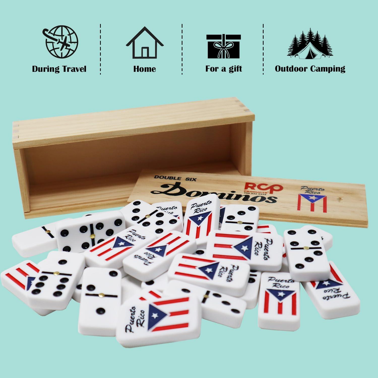 Dominó Doble 6 RCP con Bandera de Puerto Rico - Madera