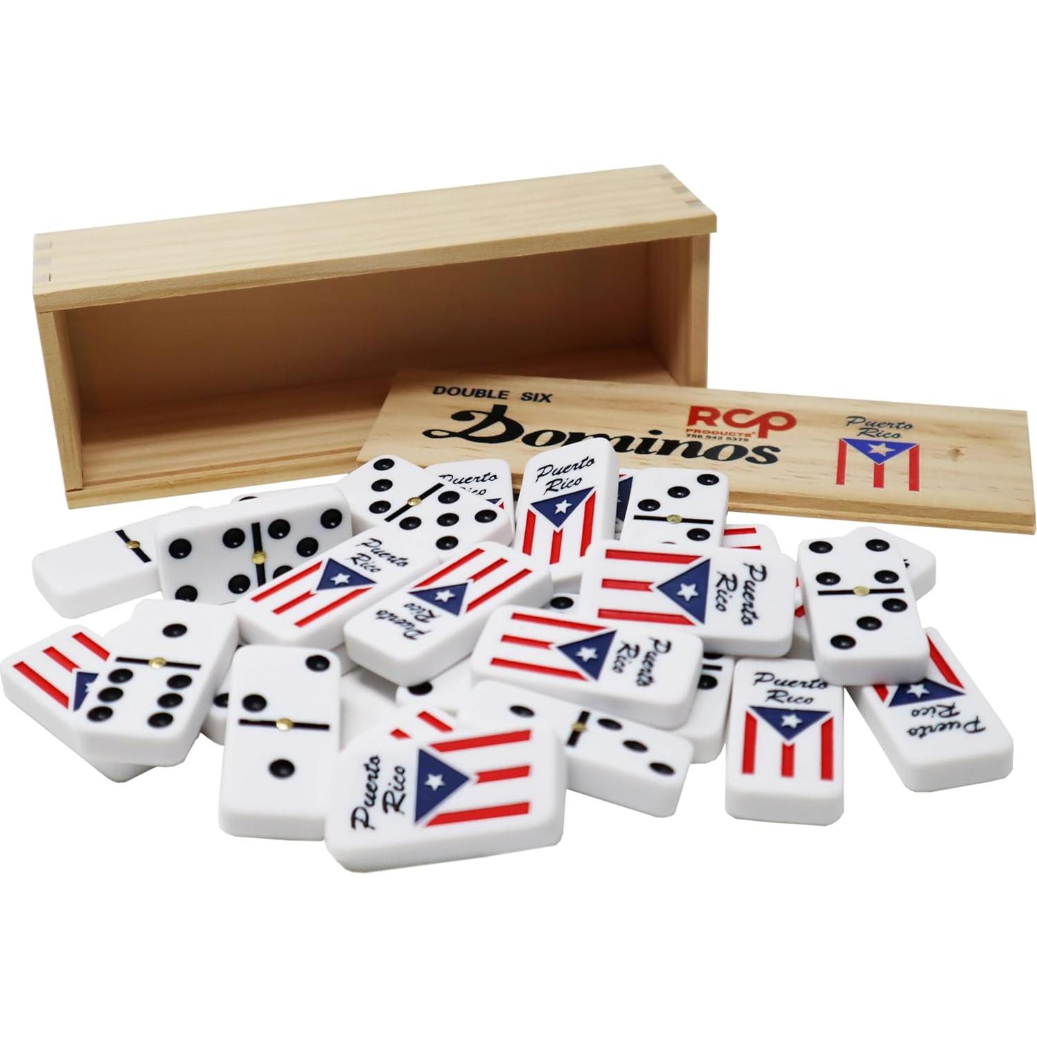 Dominó Doble 6 RCP con Bandera de Puerto Rico - Madera