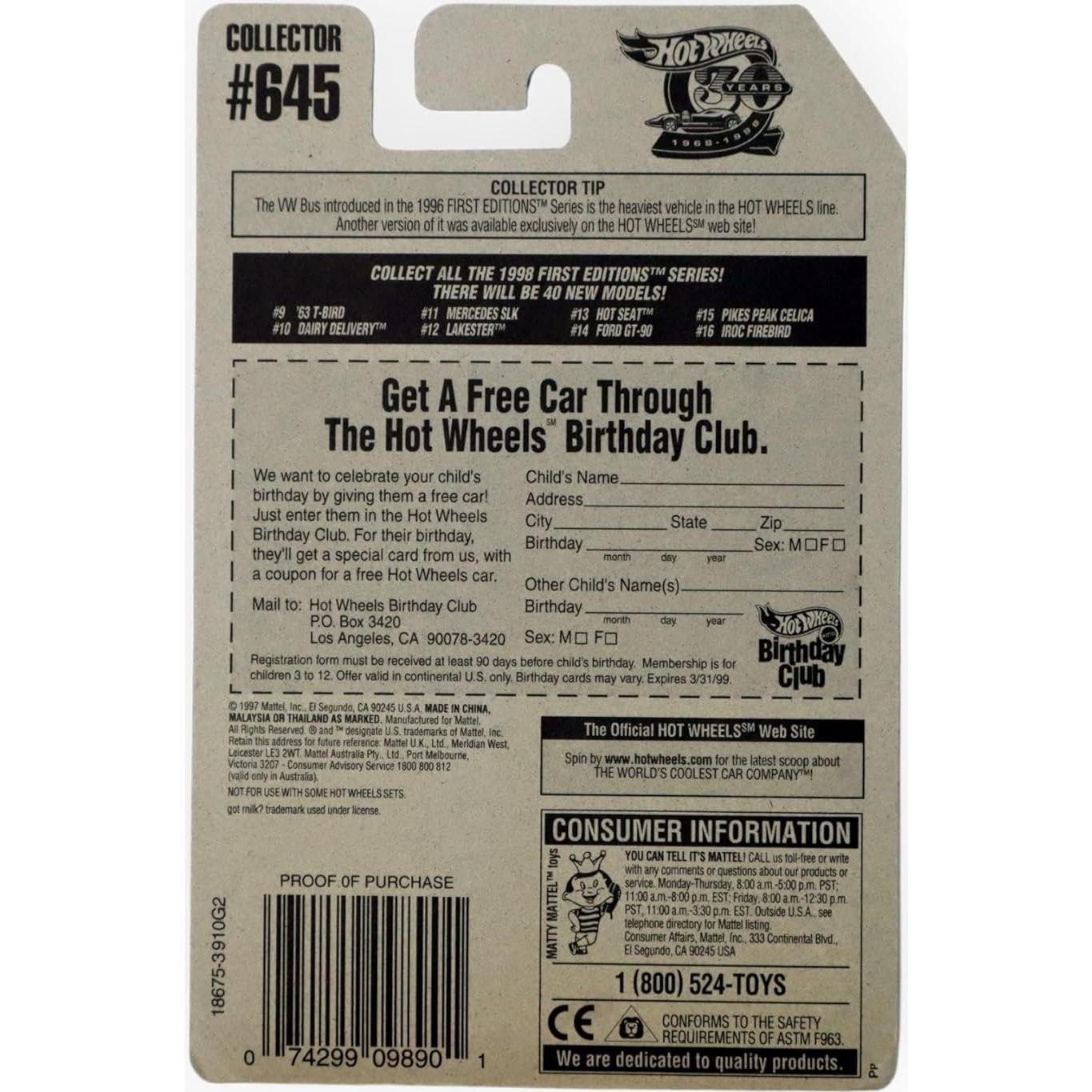 Hot Wheels Entrega de Lácteos Ediciones Primeras 1998 #645