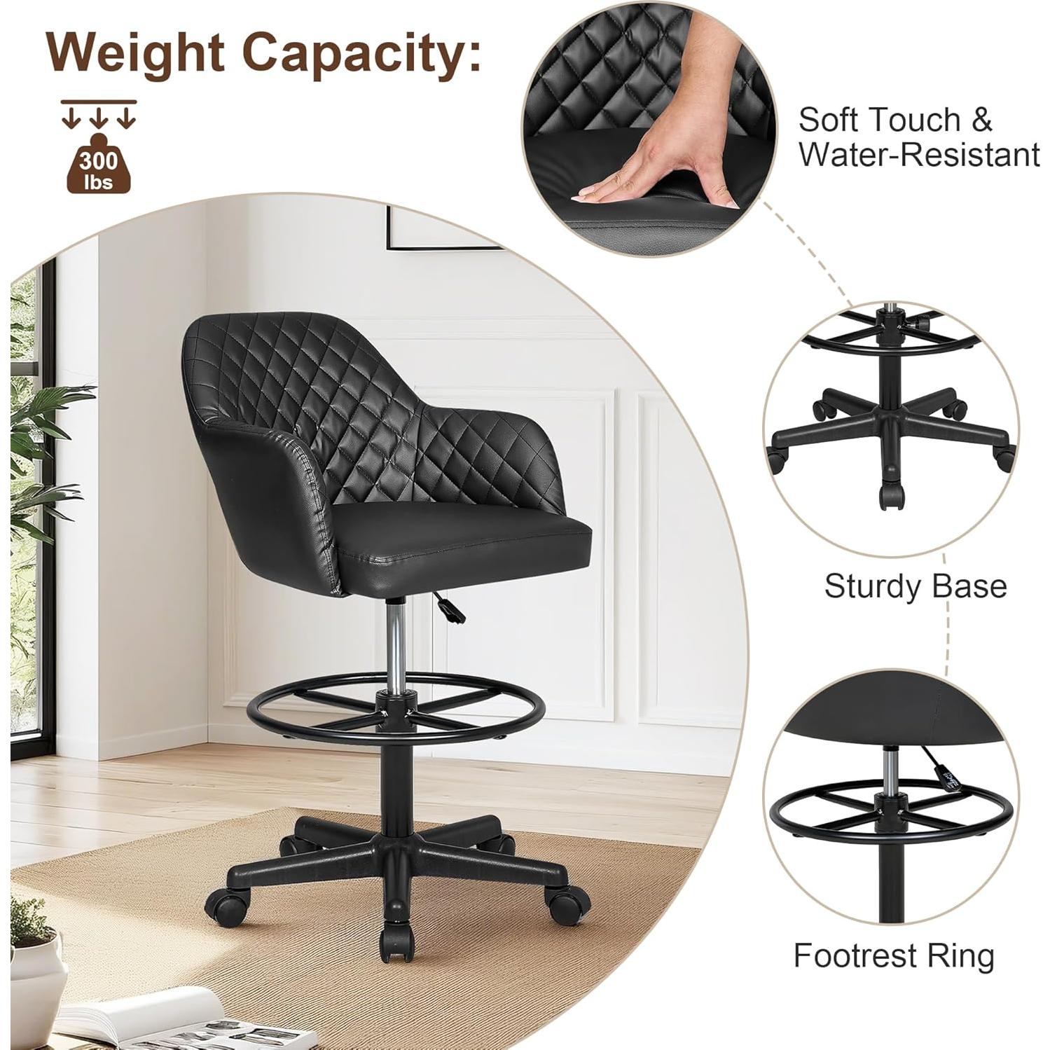 Silla de Dibujo VECELO de Cuero PU Ajustable con Ruedas