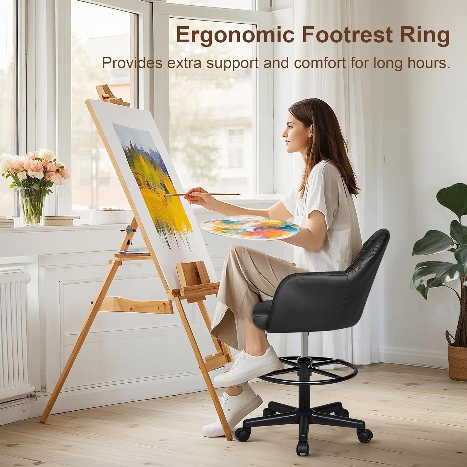 Silla de Dibujo VECELO de Cuero PU Ajustable con Ruedas