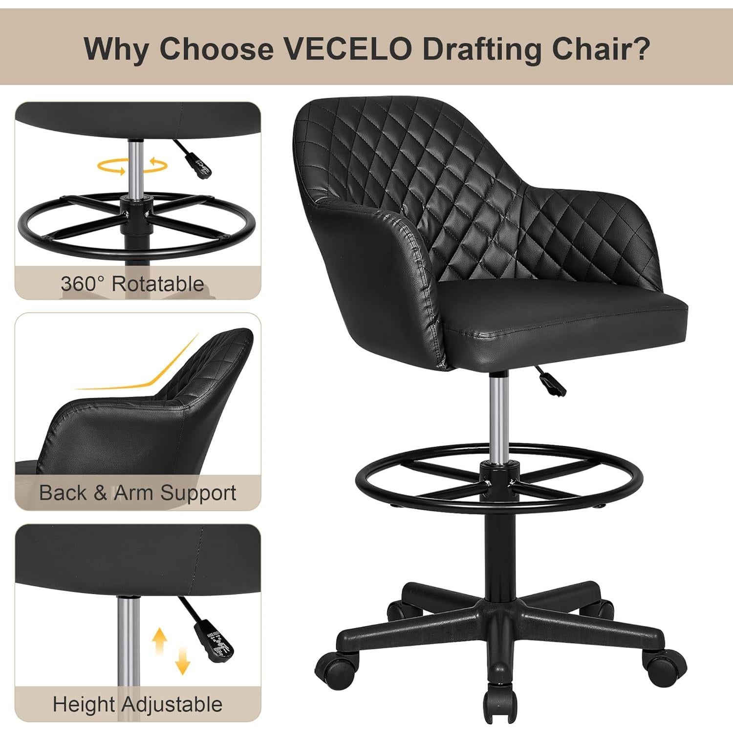 Silla de Dibujo VECELO de Cuero PU Ajustable con Ruedas