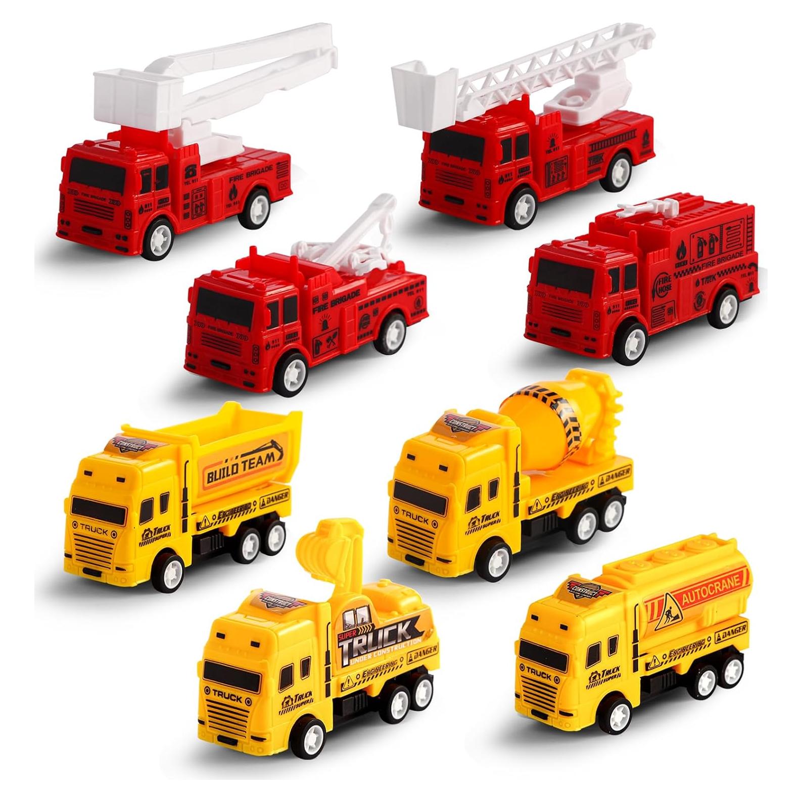 Juego de 8 coches de retroceso HSMQ - Camiones de bomberos y construcción