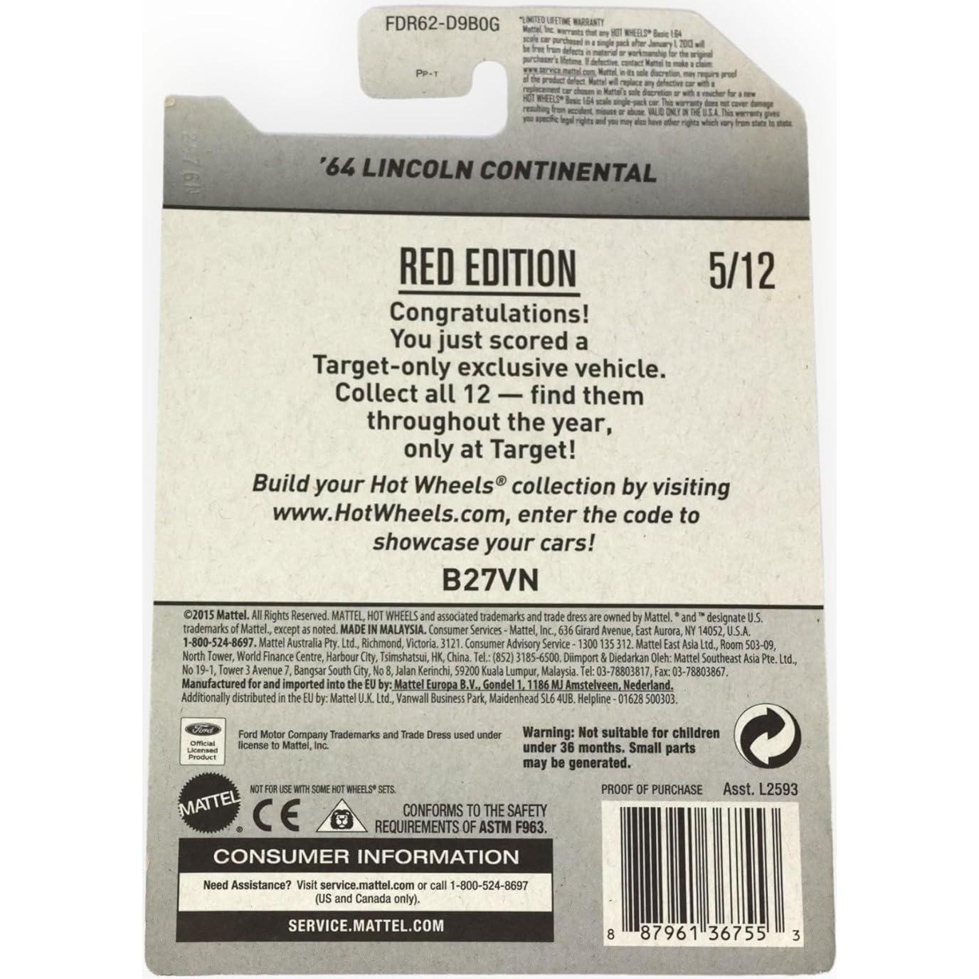 Hot Wheels 2017 Lincoln Continental Edición Roja 1:64